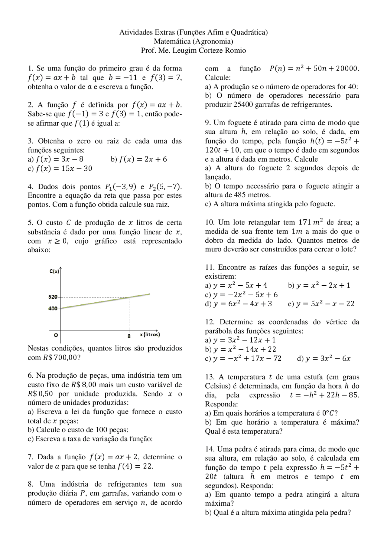 Lista de exercícios função quadrática - Docsity