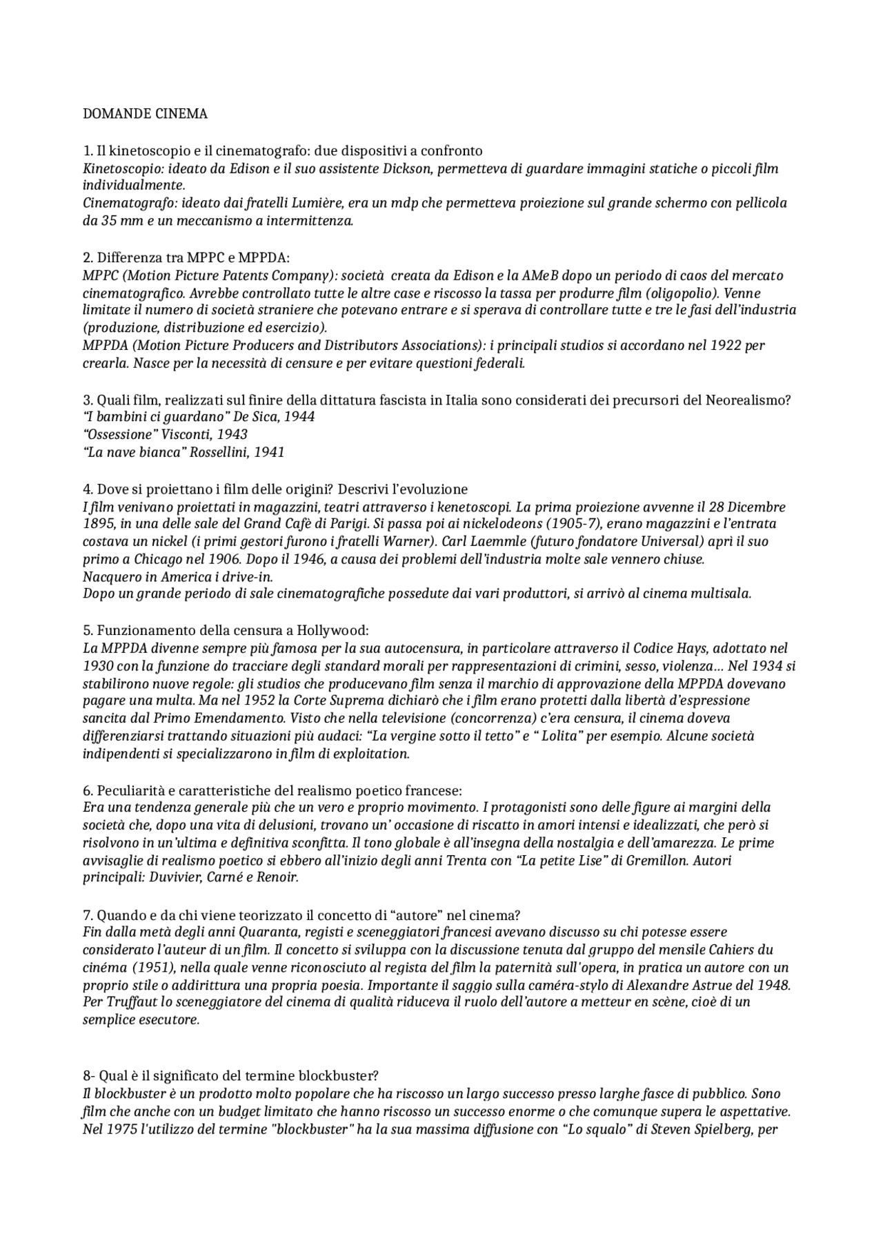Domande E Risposte Storia Del Cinema Prove D Esame Di Storia Del Cinema Docsity
