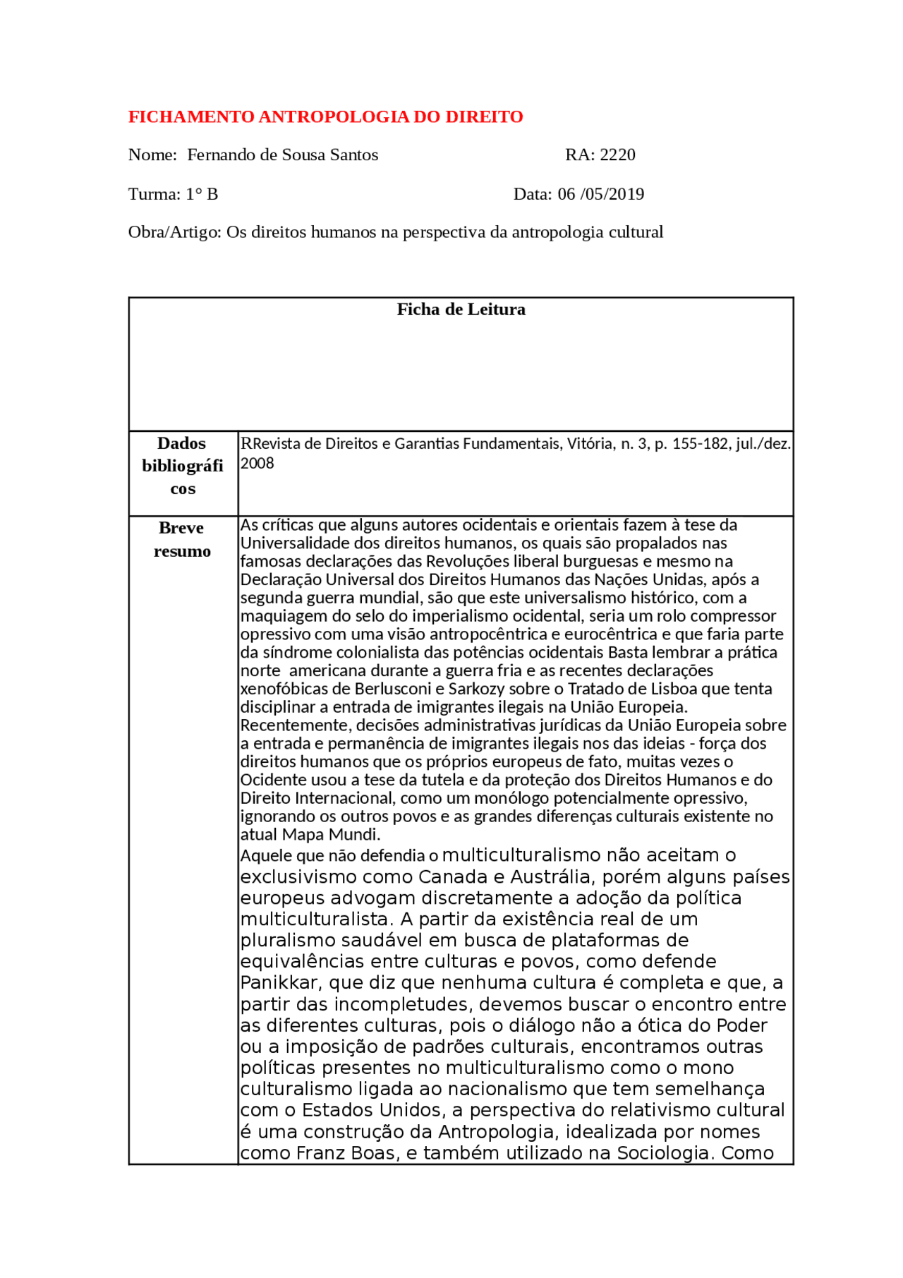 Fichamento antropologia juridica - Docsity