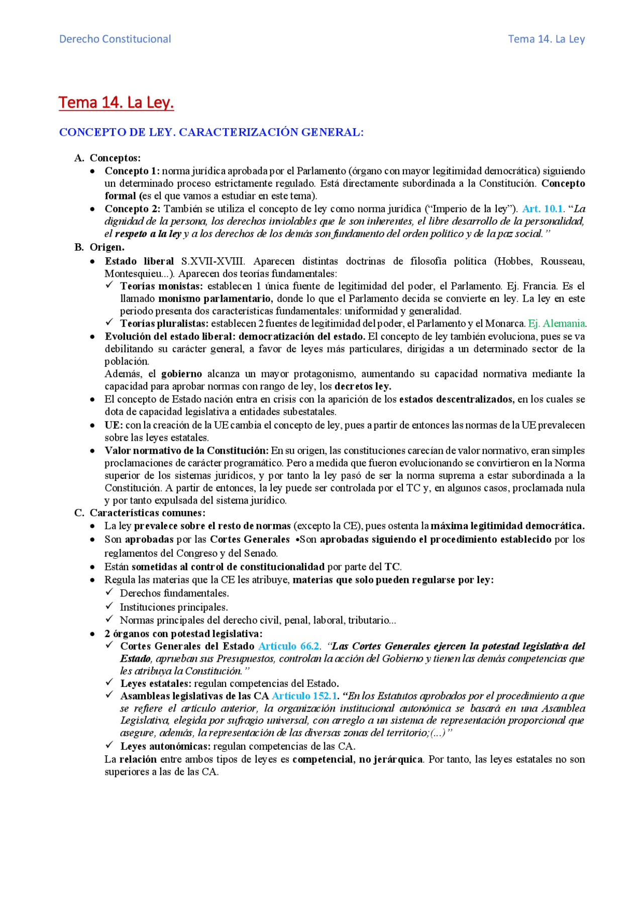 Tema 14. La Ley Derecho constitucional - Docsity