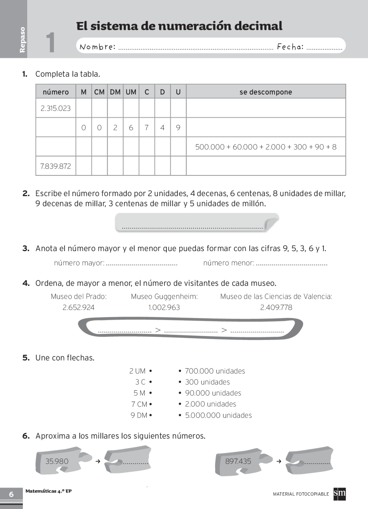 Matemáticas 4 primaria sm | Exámenes de Matemáticas | Docsity