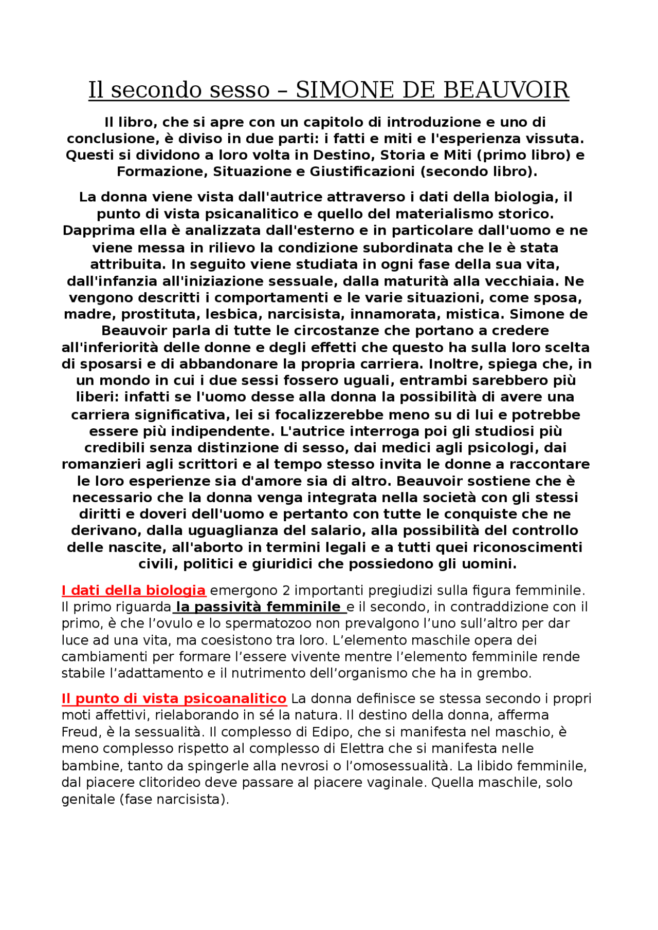 Il secondo sesso SIMONE DE BEAUVOIR (I ANNO) Sintesi del corso di