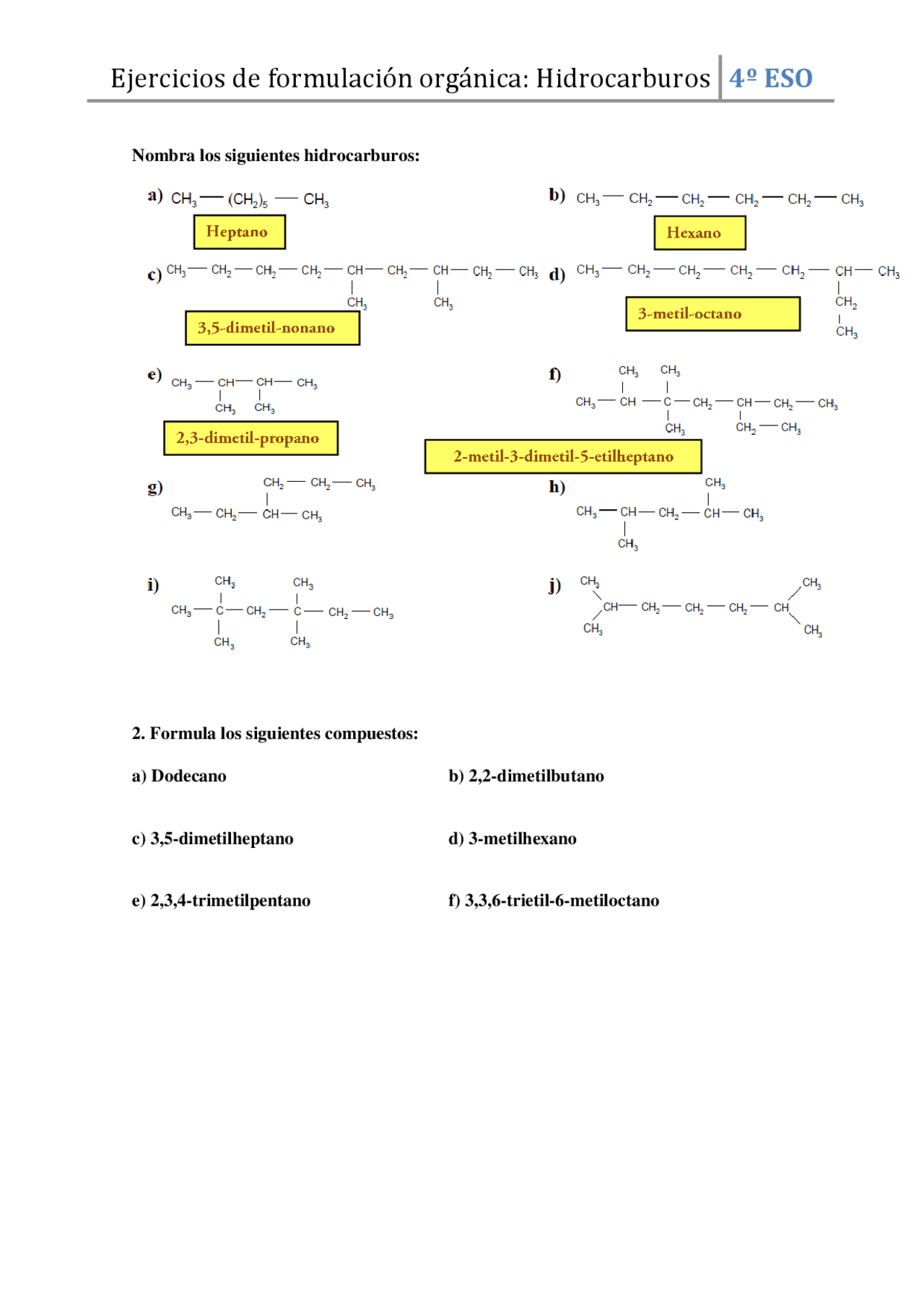 Ejercicios De Formulacion Organica Hidrocarburos Docsity