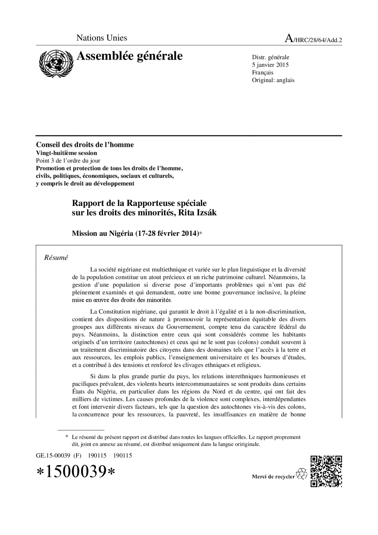 Rapport de la Rapporteuse spéciale sur les droits des minorités - Docsity