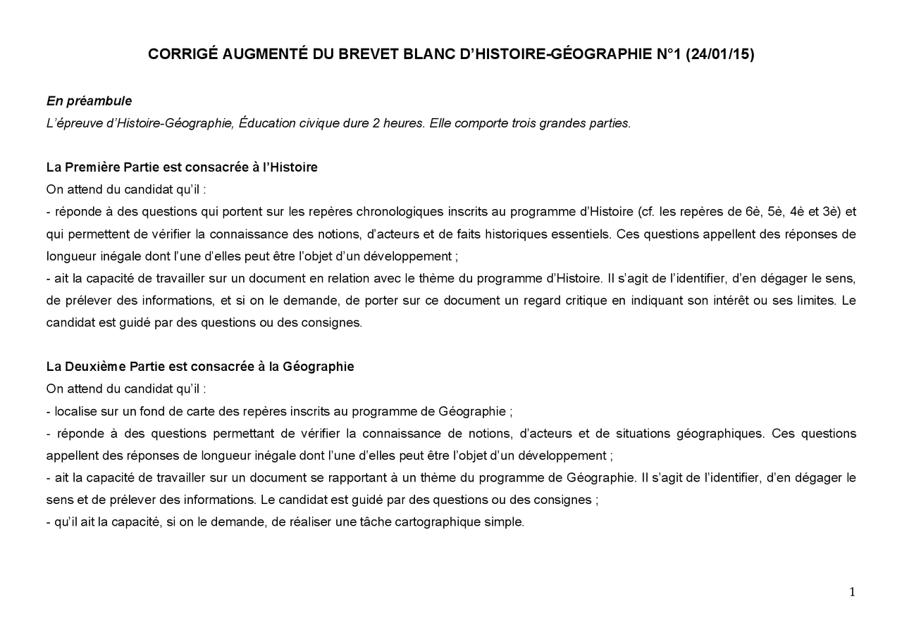 Corrigé augmenté du brevet blanc d'histoire - géographie n.1 | Apuntes