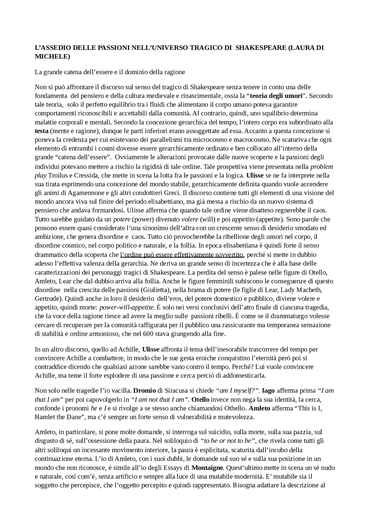 Riassunto Shakespeare E Il Senso Del Tragico Docsity