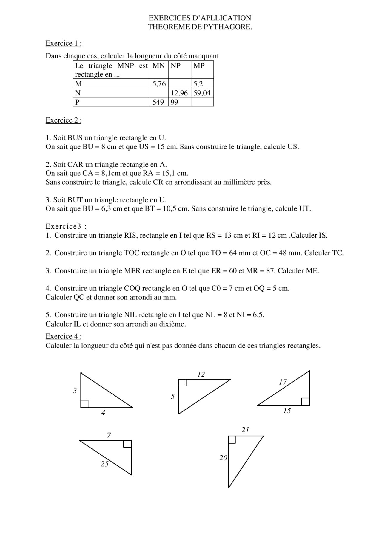 Exercices D Apllication Theoreme De Pythagore Docsity Exercices D Apllication Theoreme De Pythagore Docsity