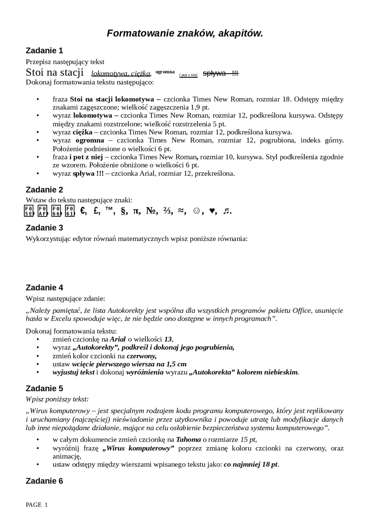 ćwiczenia do edytora tekstu word | Notatki Informatyka | Docsity