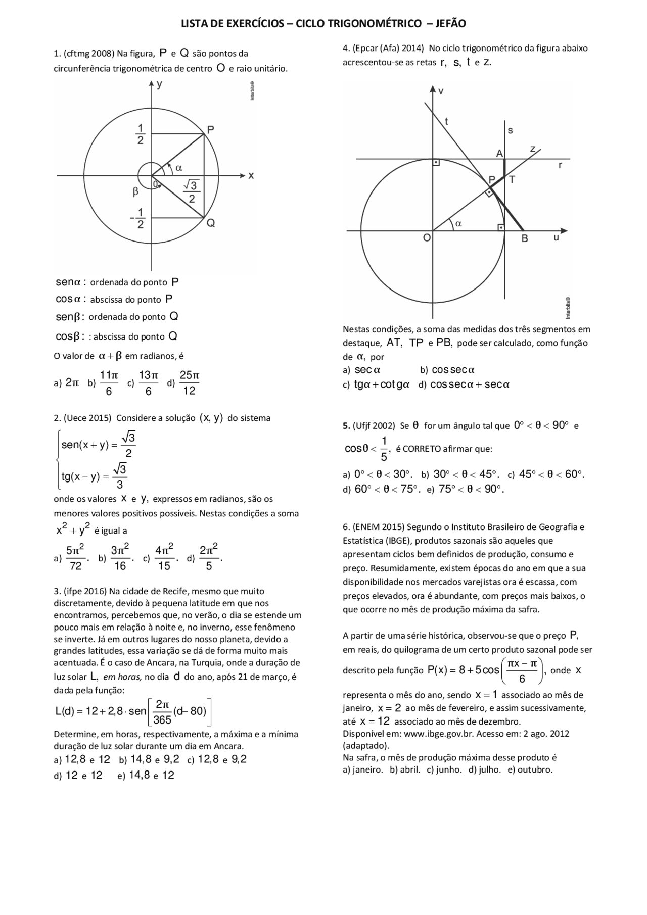 Lista de Exercícios de Ciclo Trigonométrico - Docsity