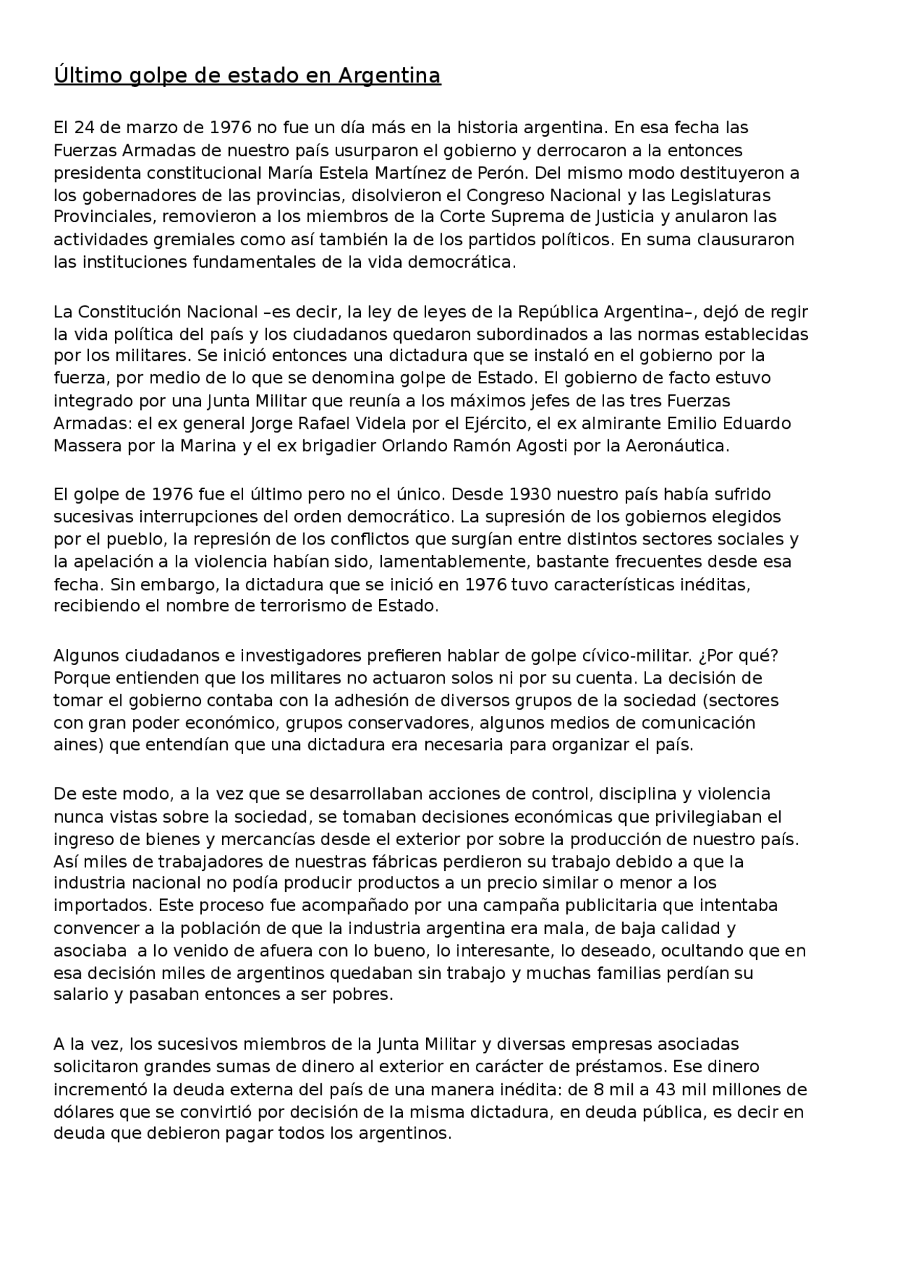 Ultimo Golpe De Estado En Argentina Docsity