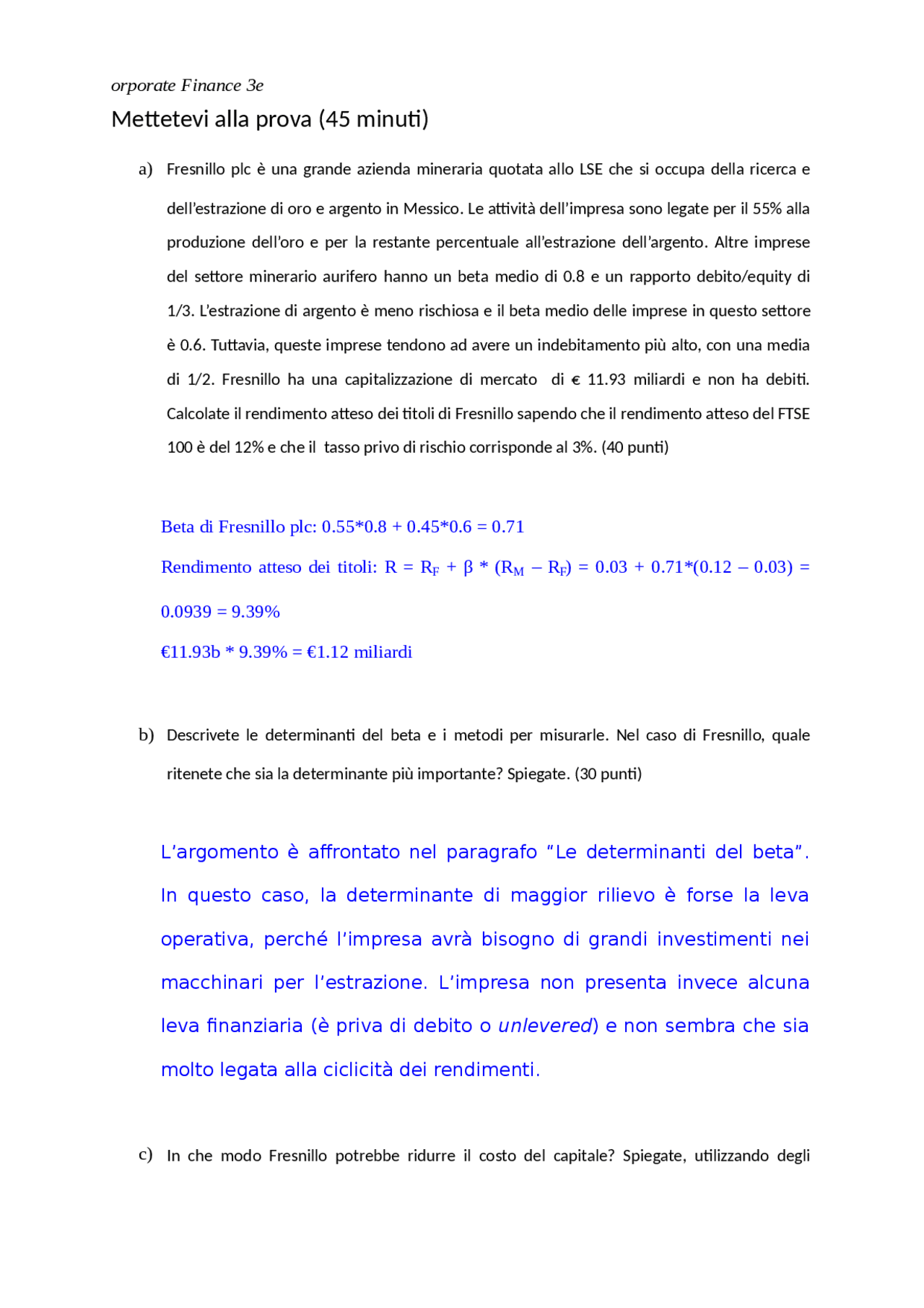 Esercizi di finanza aziendale economia - Docsity