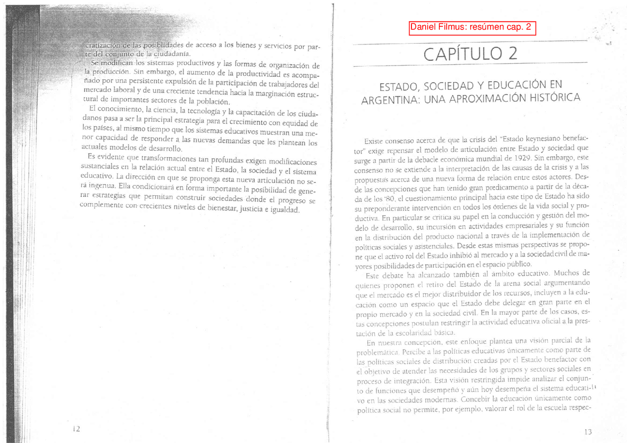 Cap.2: Estado, sociedad y educación, Daniel Filmus - Resúmen | Apuntes
