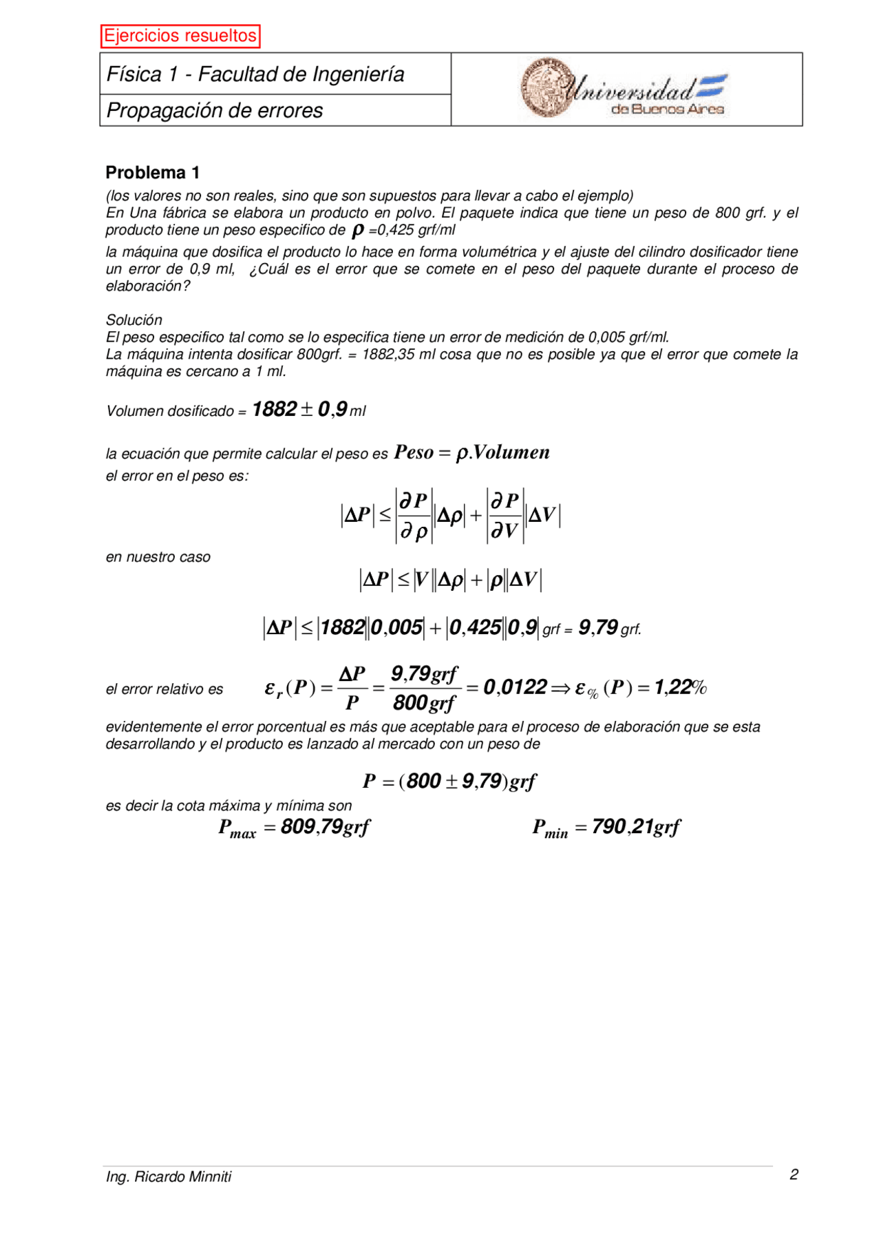 Propagación de errores ejercicios resueltos Docsity