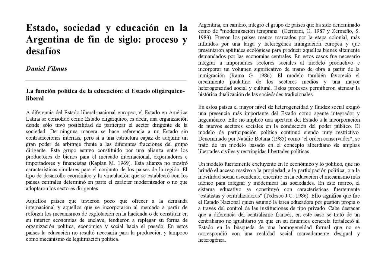 Texto De Daniel Filmus Estado Sociedad Y Educacion Resumen