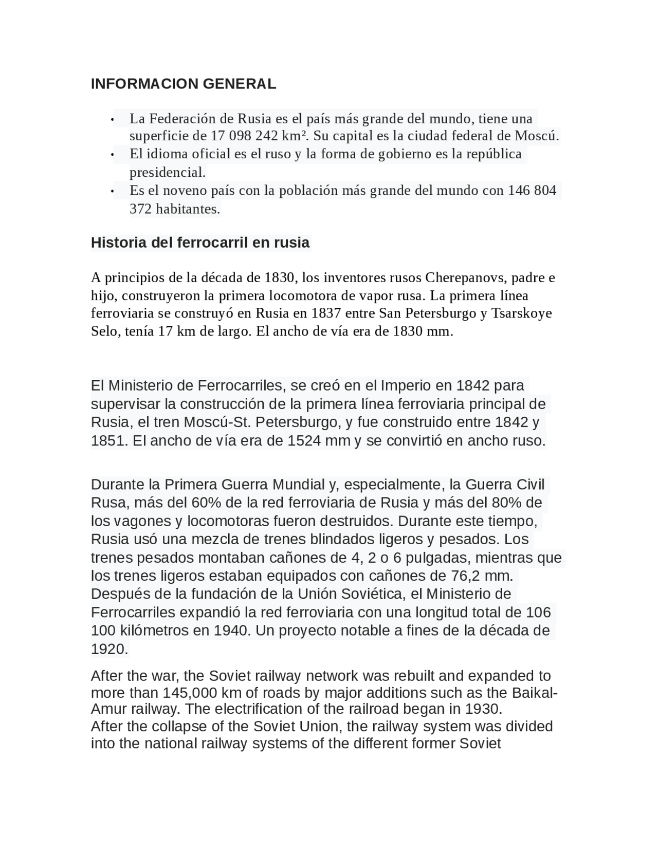 Ferrocarriles en rusia Docsity