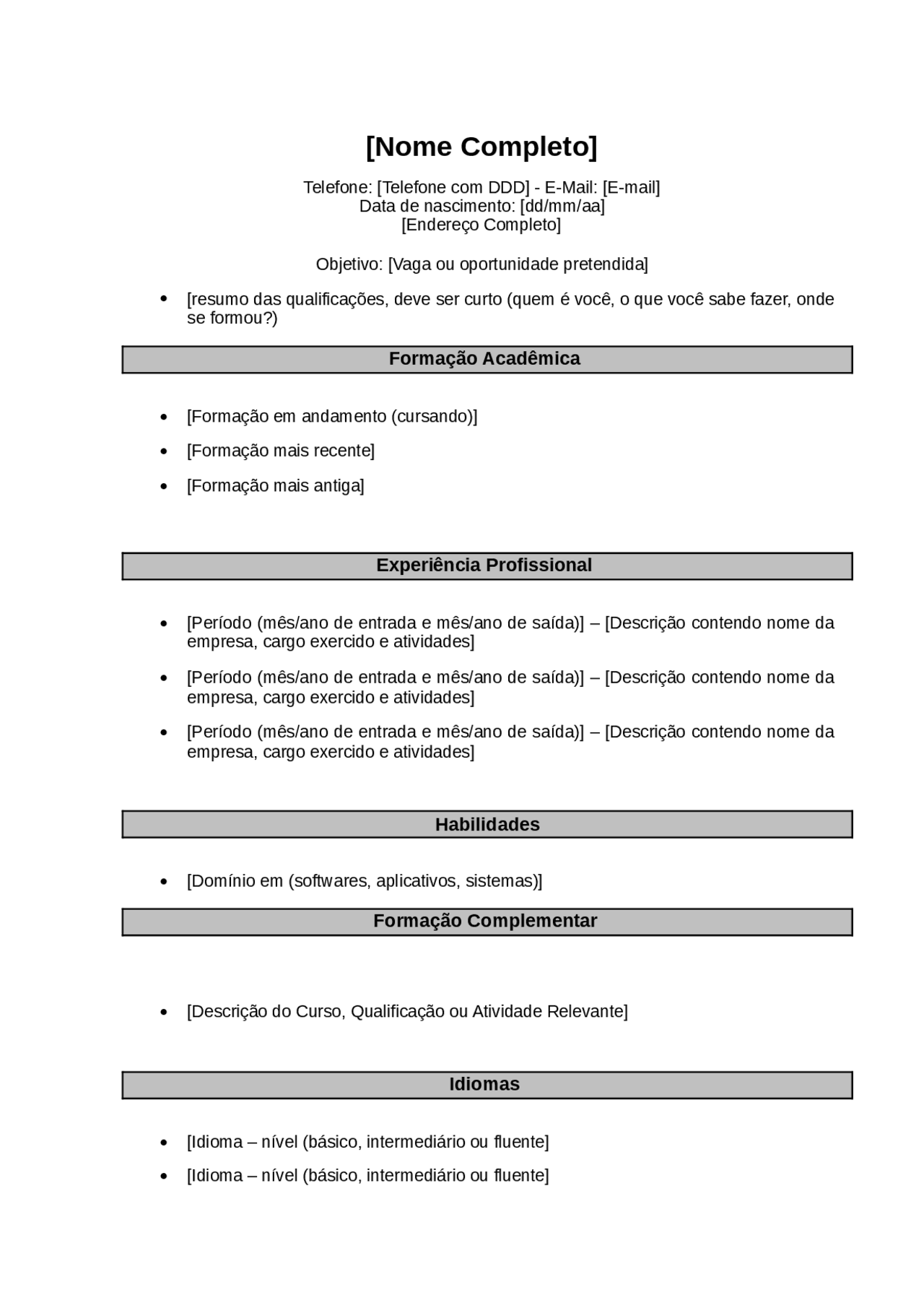 Curriculo modelo para trabalhar - Docsity