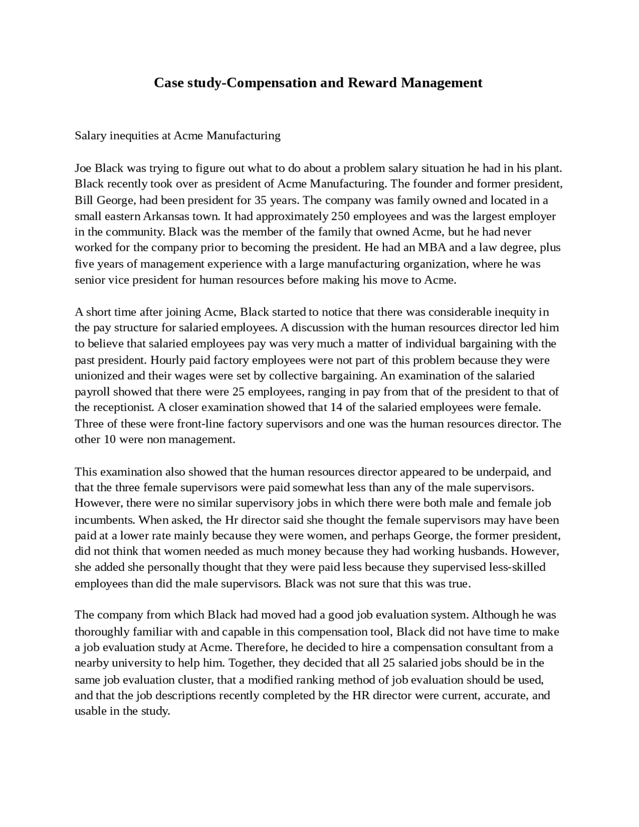 Case Study-Compensation and Reward Management - Docsity