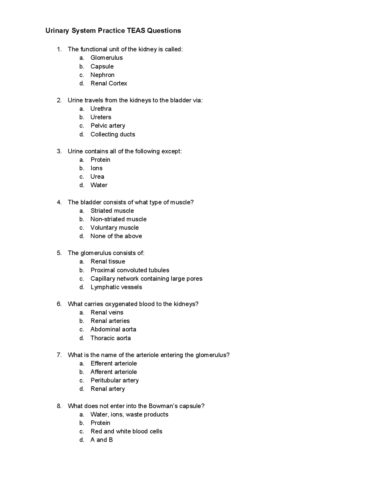 TEAS PRACTICE TEST Urinary system Docsity