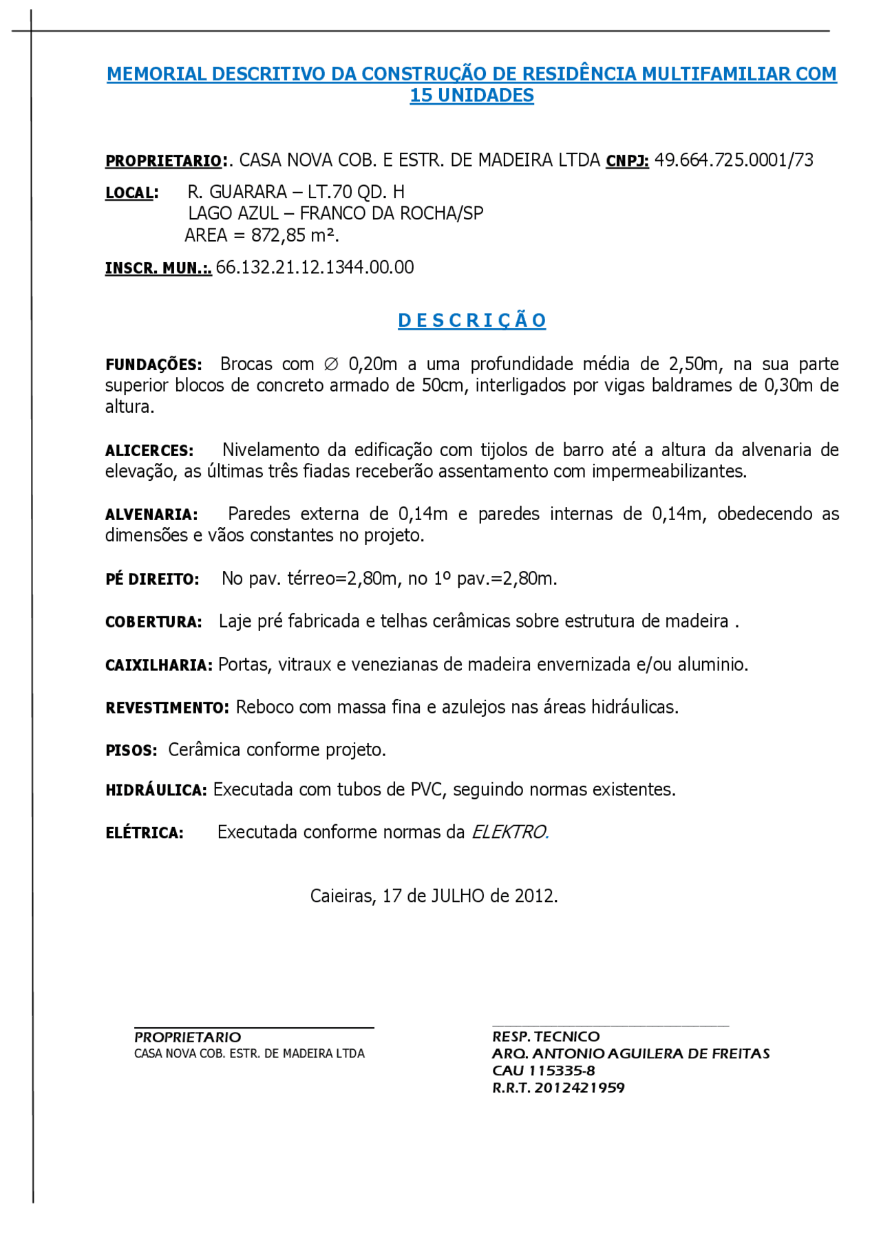 Memorial Descritivo Final de Empreendimento Residencial - Docsity