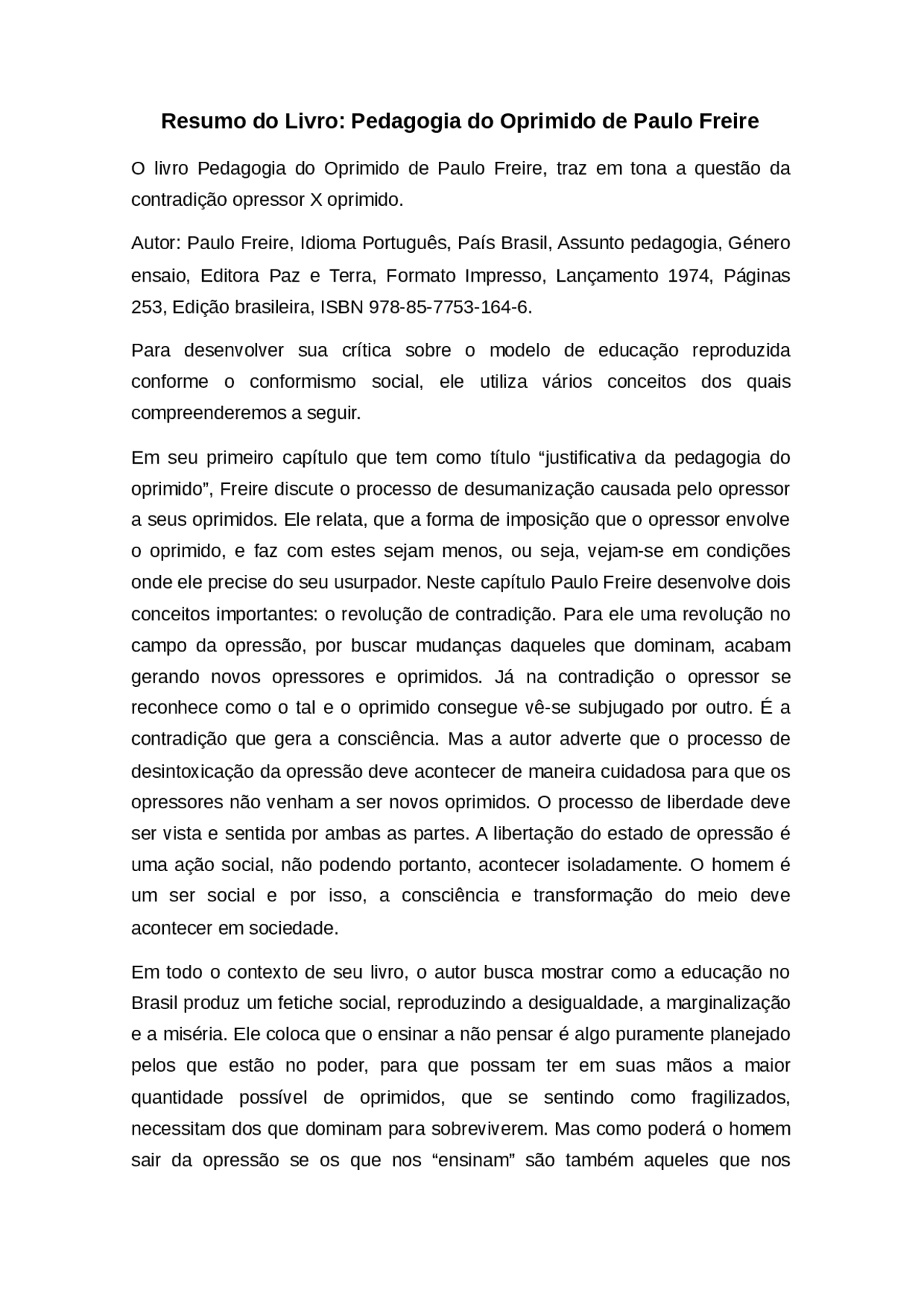 Resumo do Livro: Pedagogia do Oprimido de Paulo Freire | Resumos Artes ...