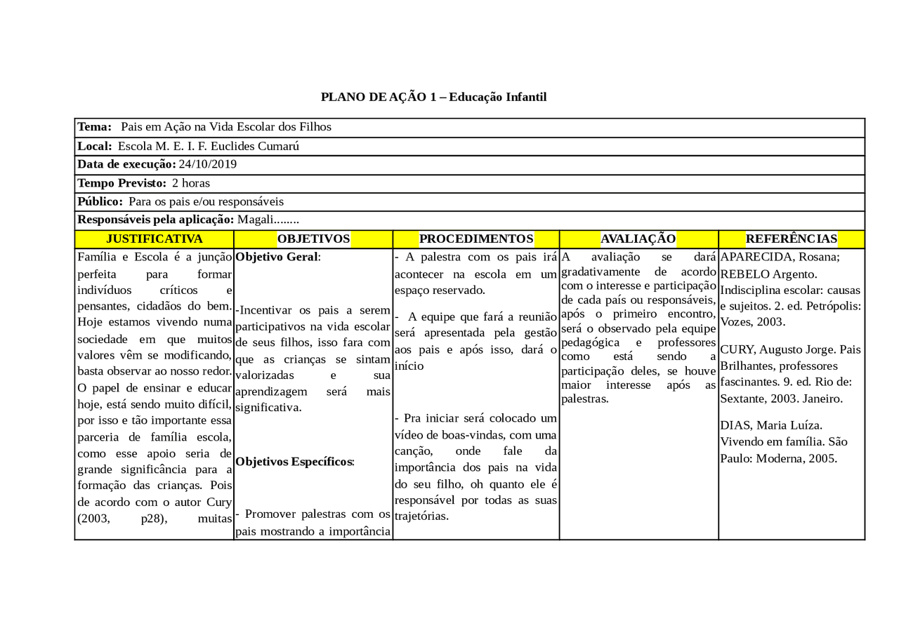 Exemplo De Plano De Ação Escolar