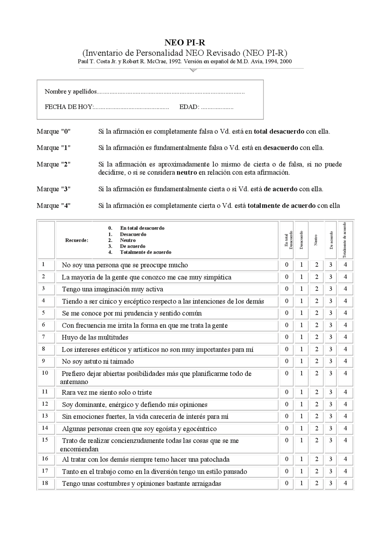 CUESTIONARIO NEO PI-R - Docsity