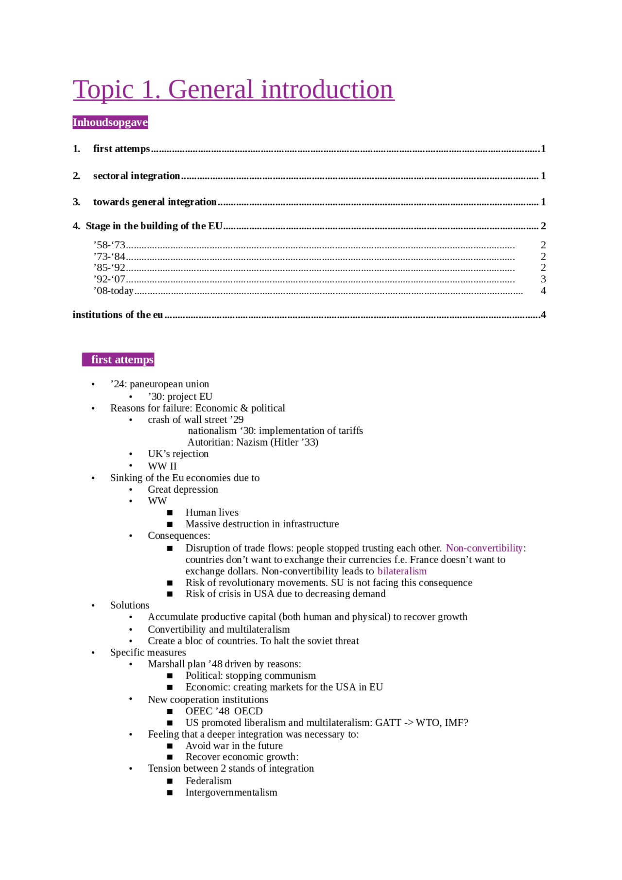 Notes Topic 1 Economy of the EU and Institutions - Docsity