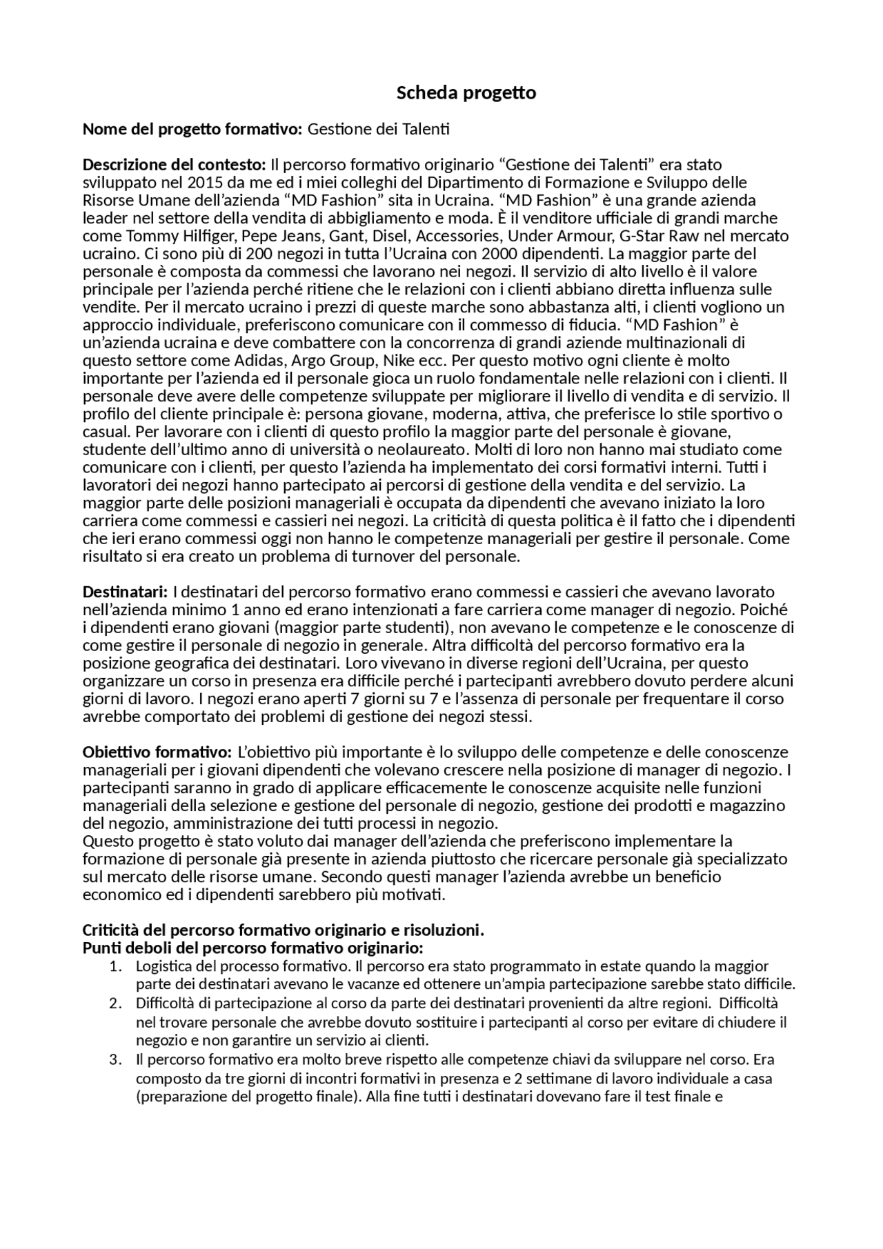 Scheda del progetto formativo "Gestione dei Talenti" - Docsity