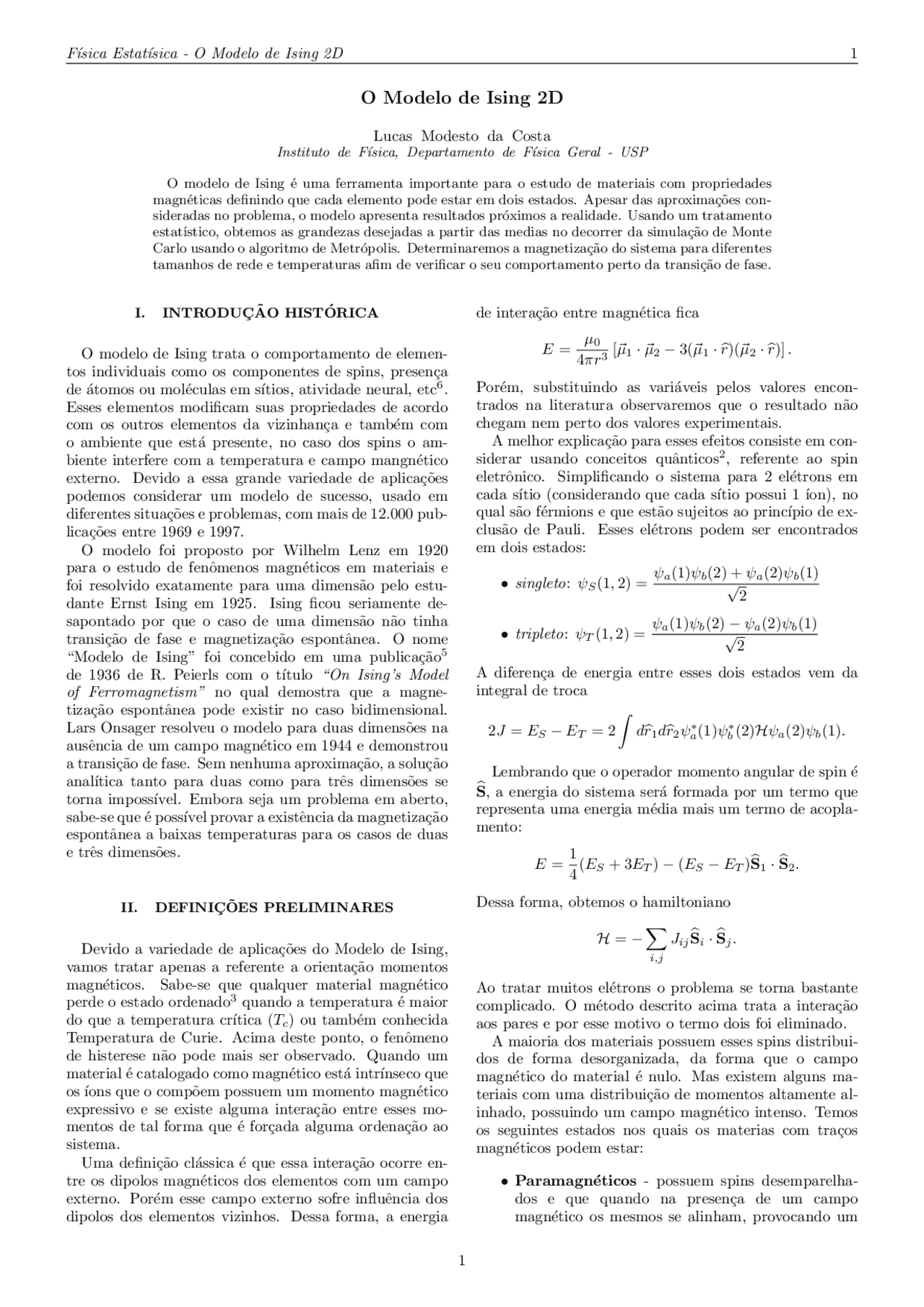 Modelo de ising 2D via método de monte carlo - Docsity