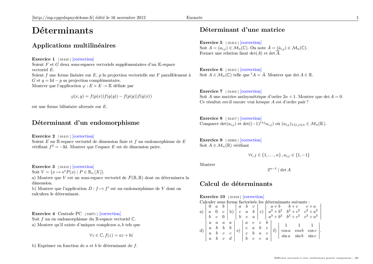 Exercices Sur Determinants Docsity