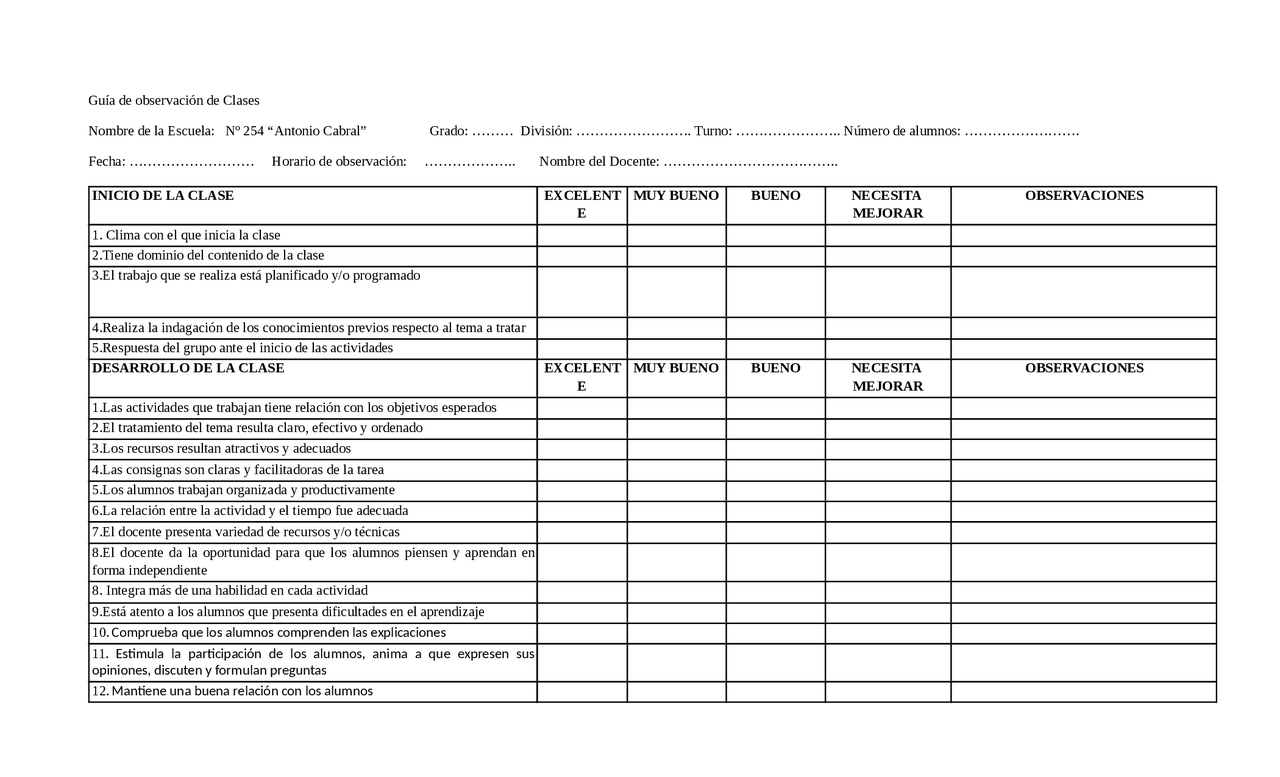 GUÍA DE OBSERVACIÓN DE CLASES PARA EDUCACIÓN PRIMARIA - Docsity