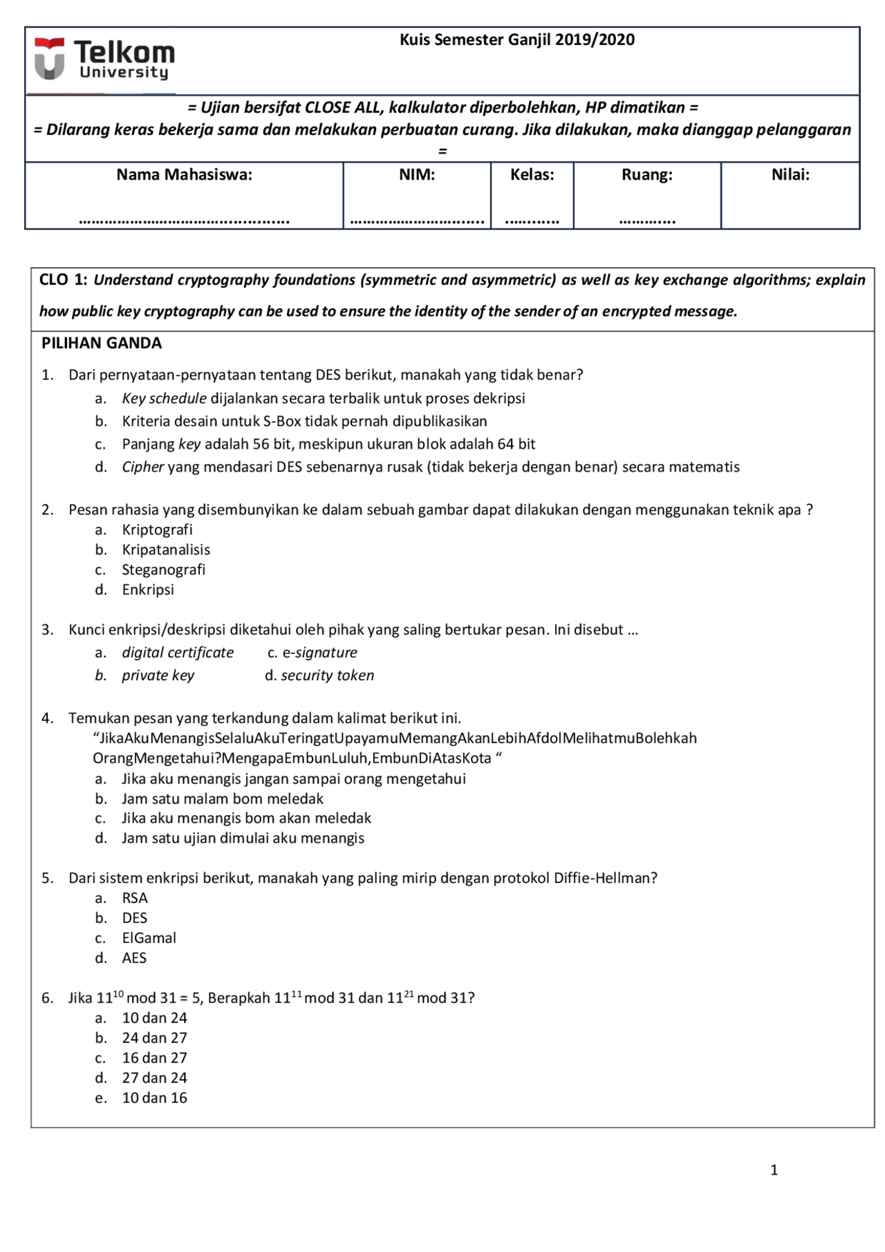 Soal Quiz Keamanan Jaringan 2019 Docsity