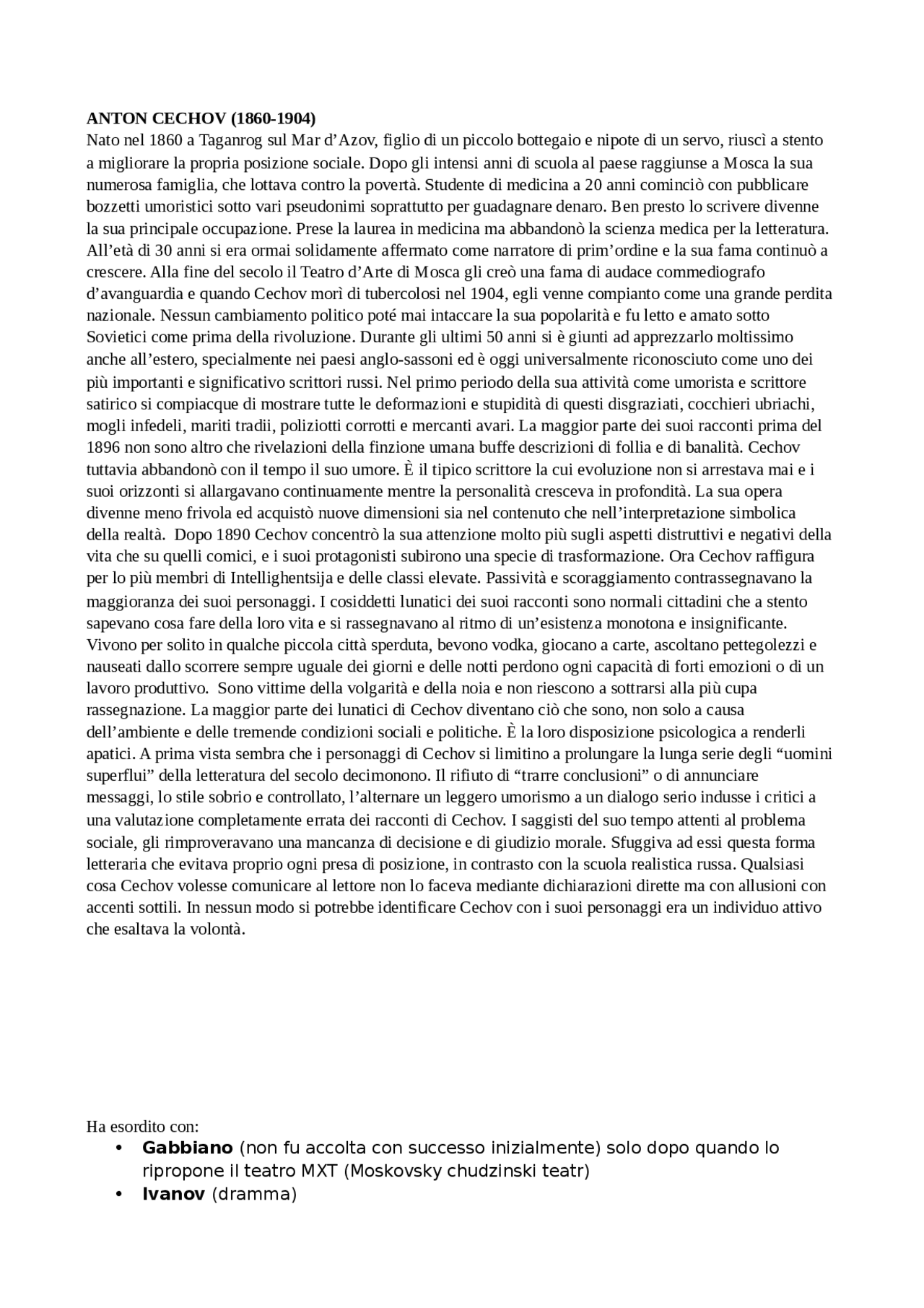 Anton Cechov vita ed opere in breve Docsity