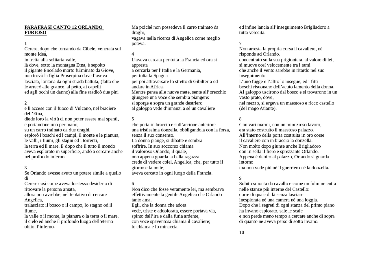 Parafrasi canti "Orlando Furioso" - Docsity