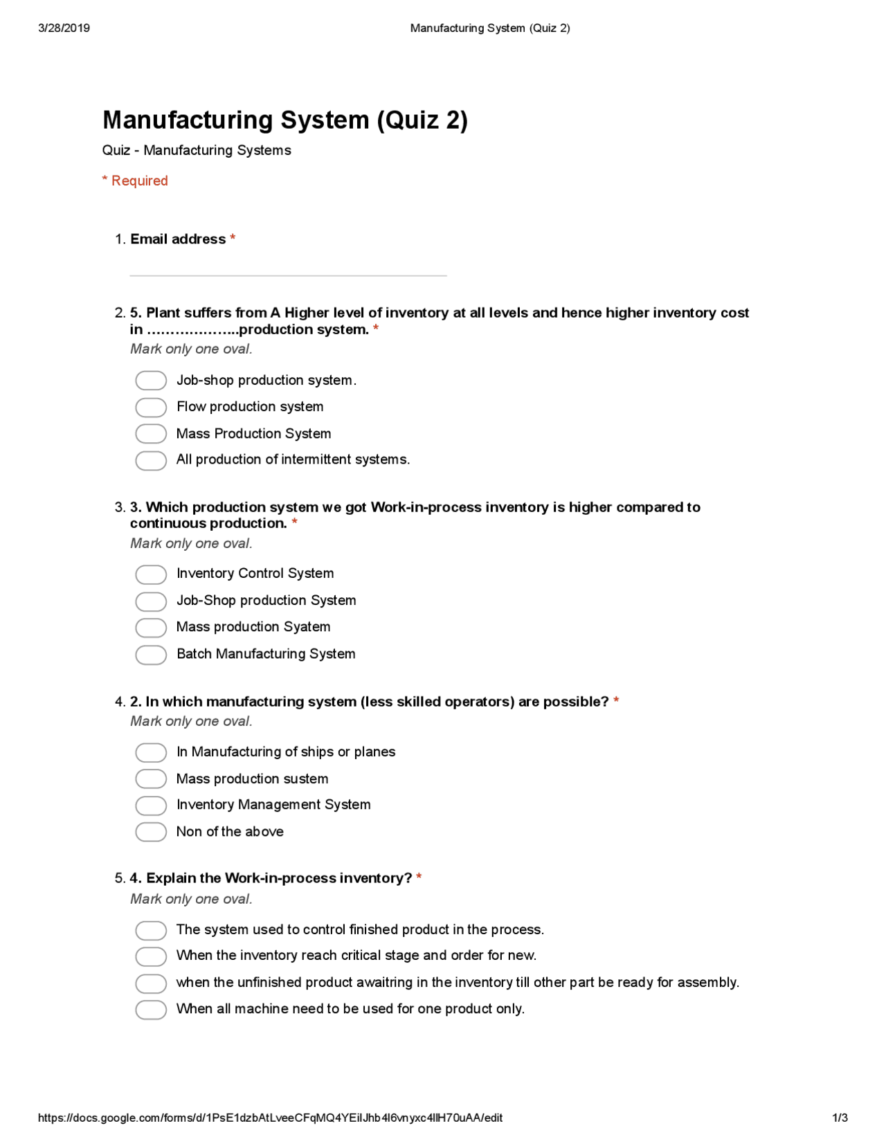 Manufacturing Math Test Questions Test of industrial management | Exams Industrial management | Docsity