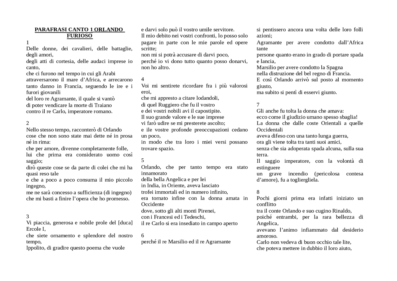 Parafrasi canti "Orlando Furioso" - Docsity