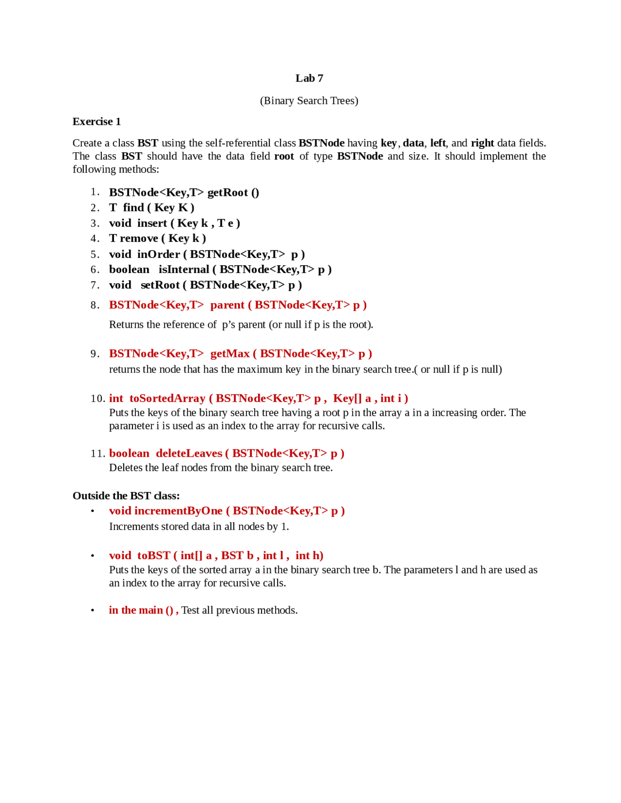 Lab for data structure in lab tree in binary search tree BST - Docsity