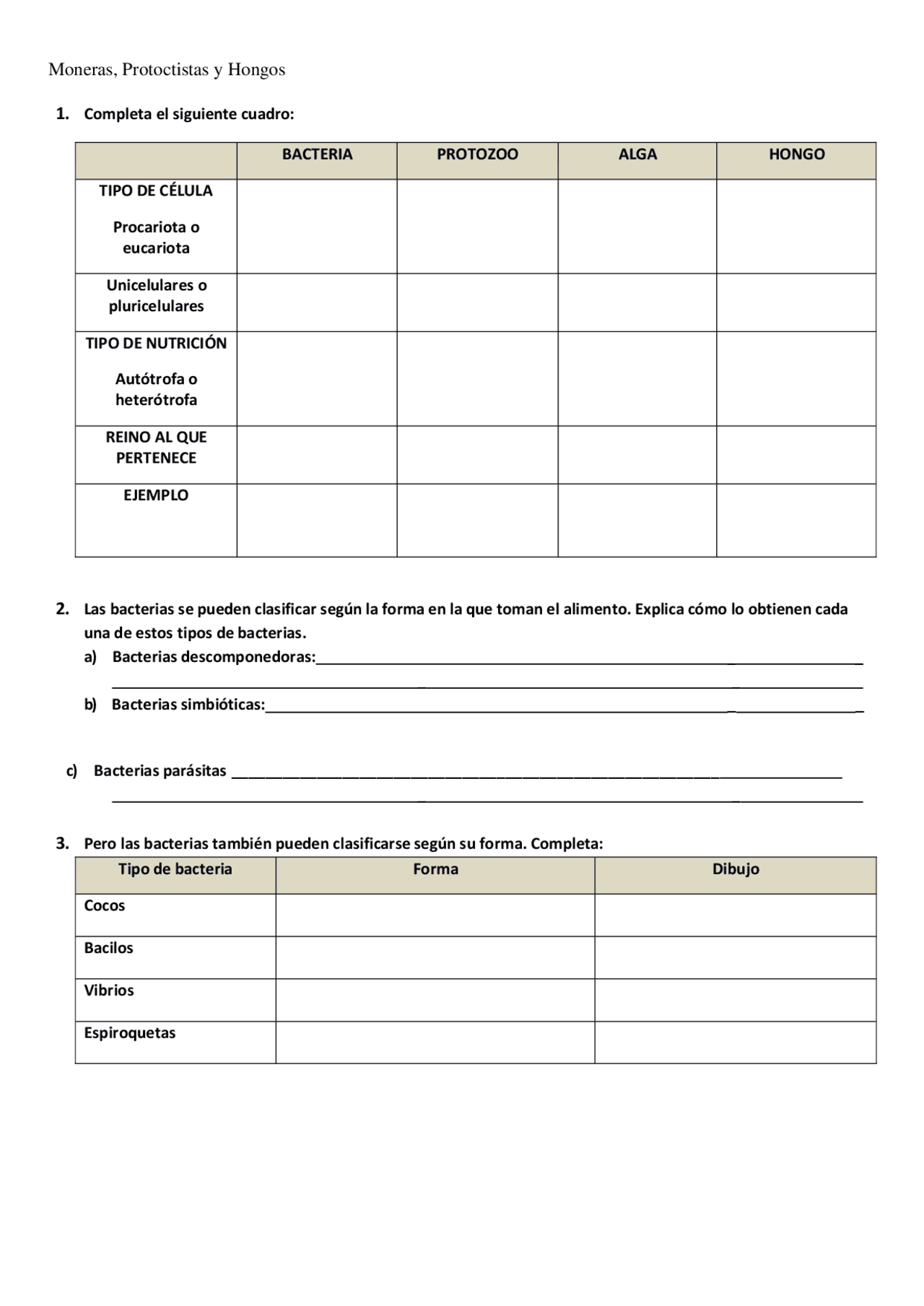 Reino Monera, protista y hongos. | Ejercicios de Biología | Docsity
