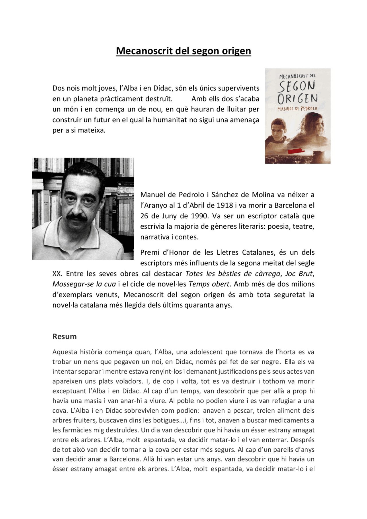 Resum Mecanoscrit Del Segon Origen Docsity