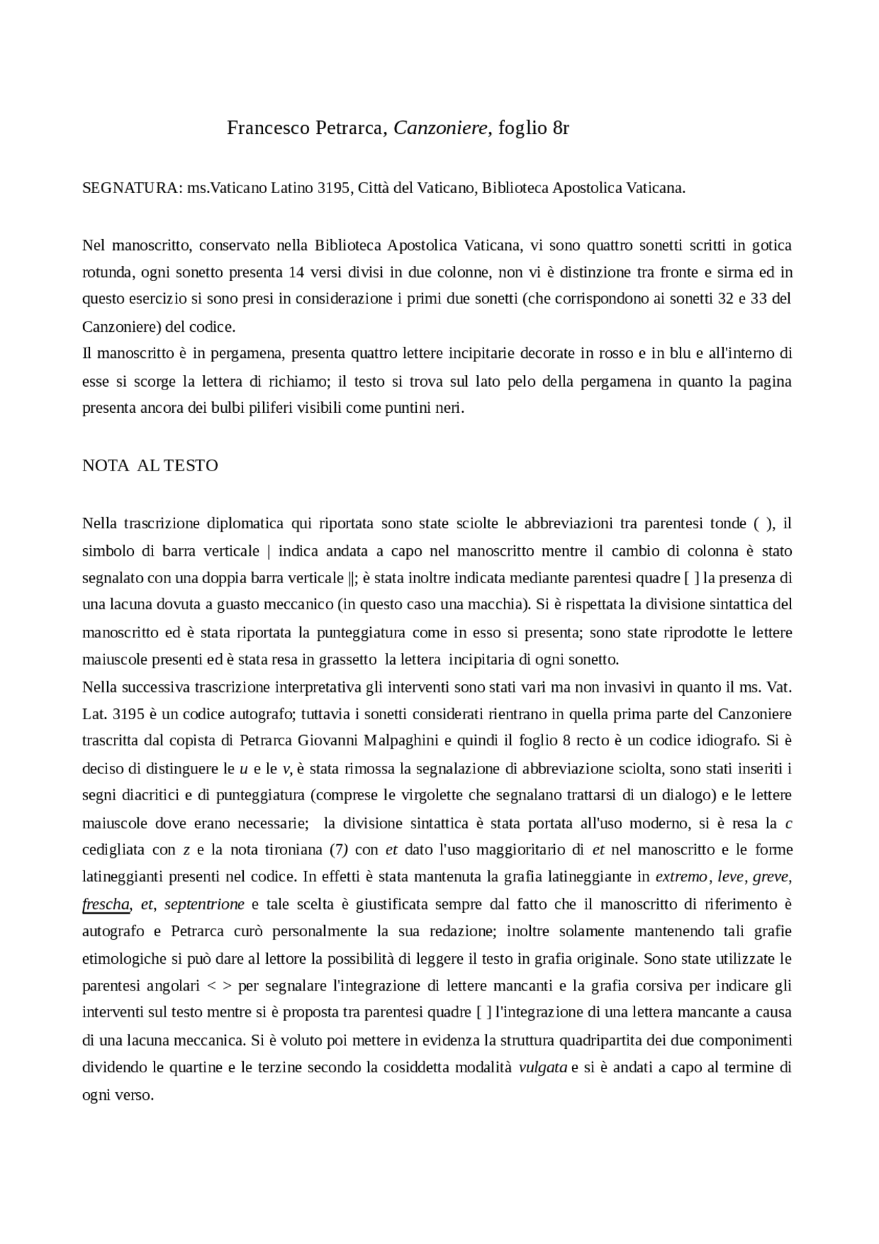 Trascrizione foglio 8 recto Canzoniere Prove d'esame di Filologia