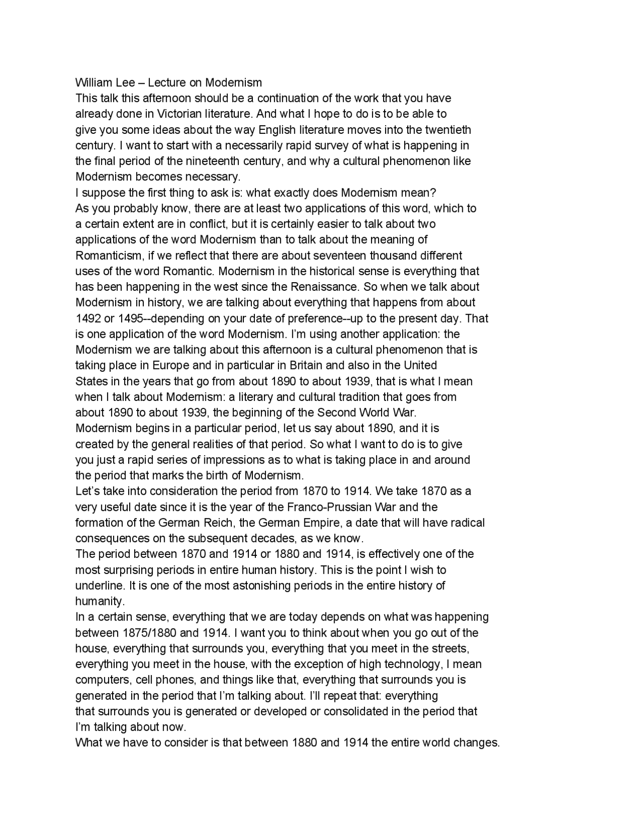 Modernism in the 1900th century - Docsity