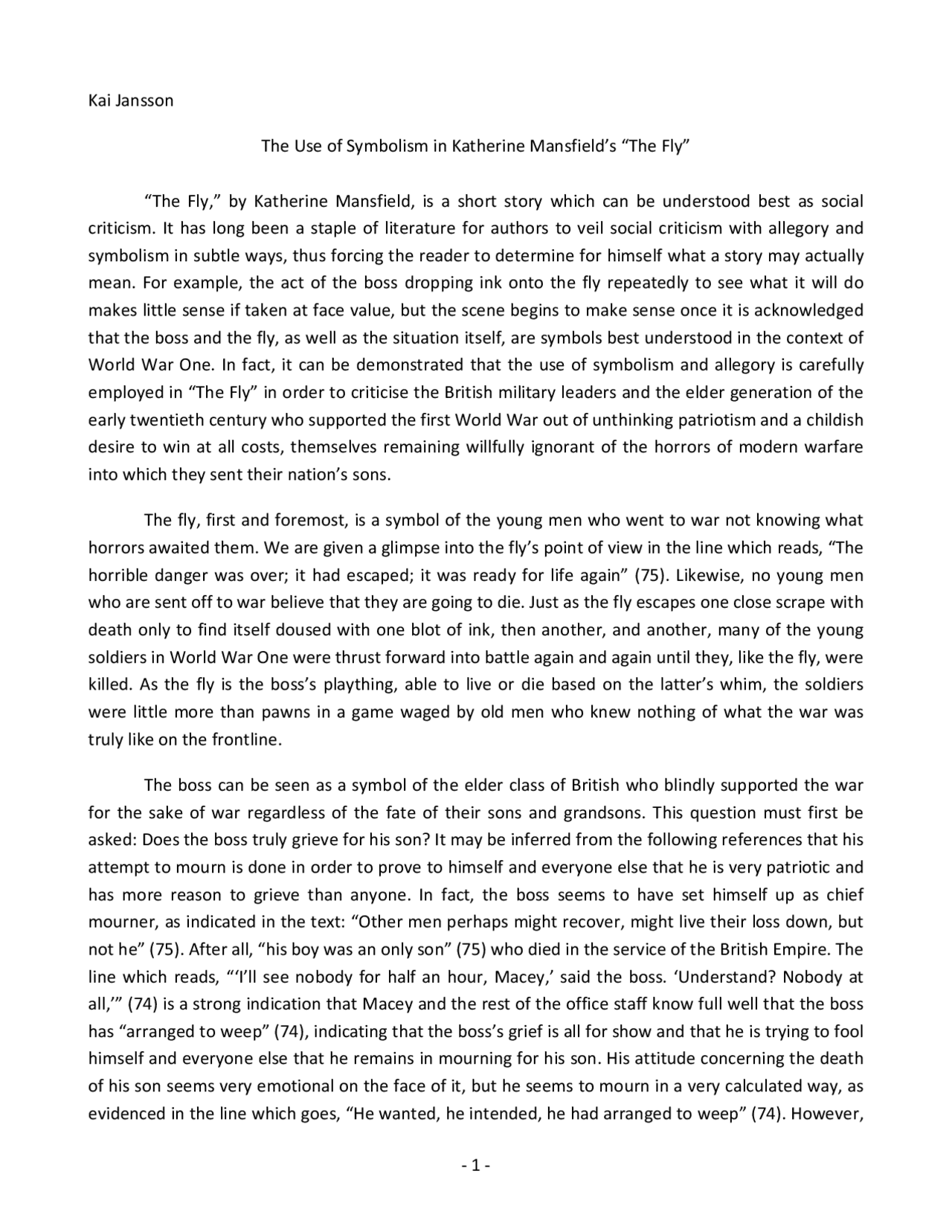 The Fly short story mansfield Docsity