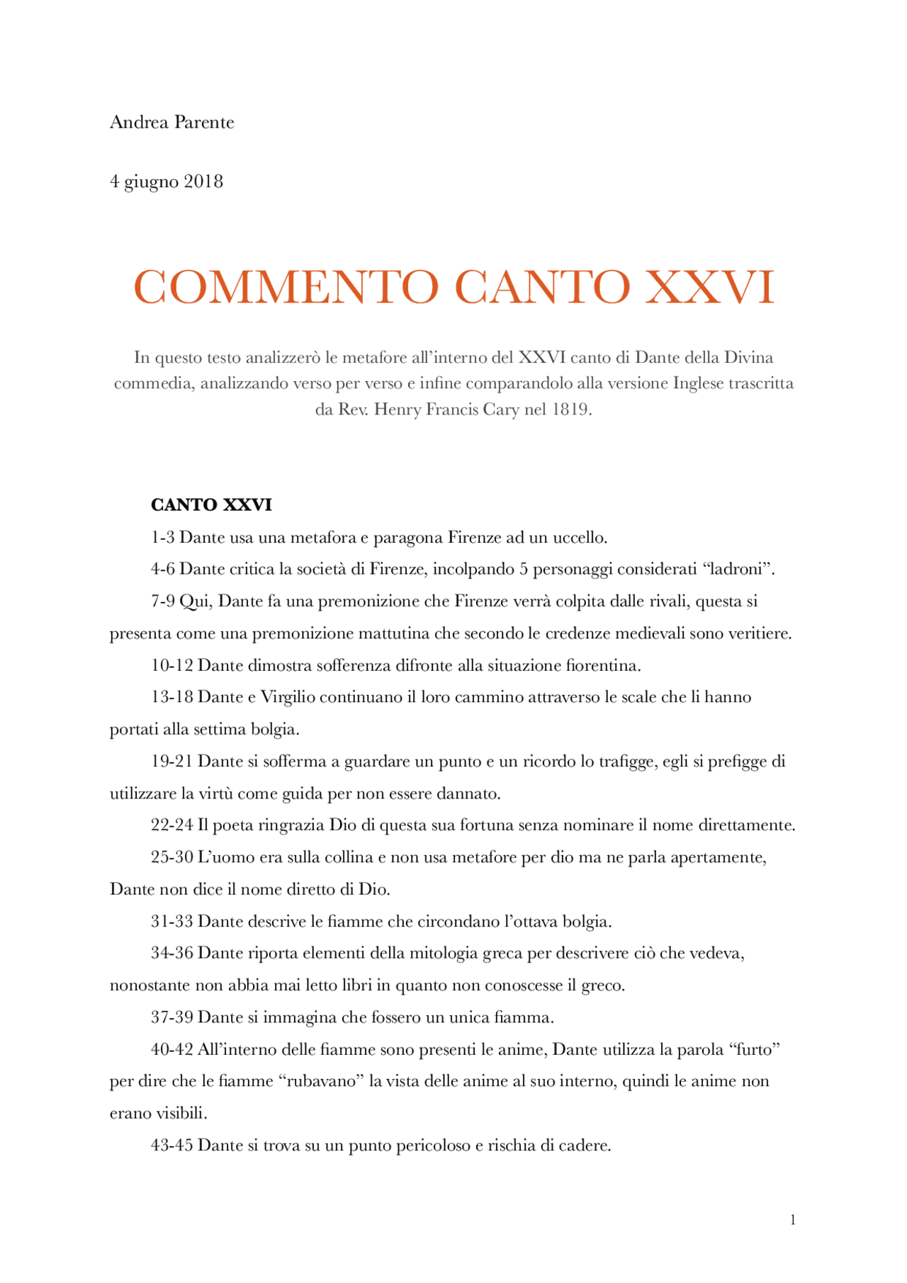 Commento Canto 26° Divina Commedia di Dante - Docsity