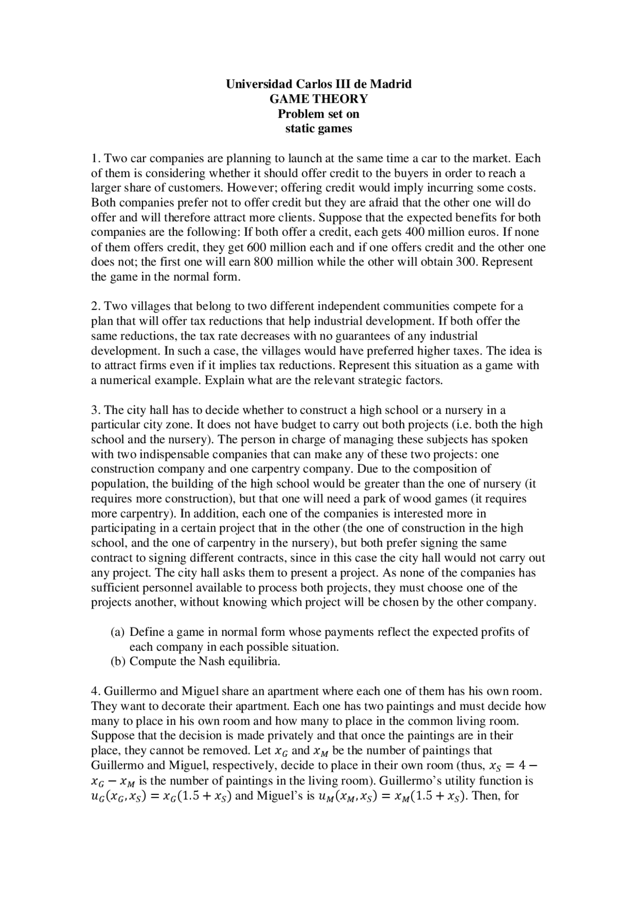 Problems Static Games Game Theory Docsity