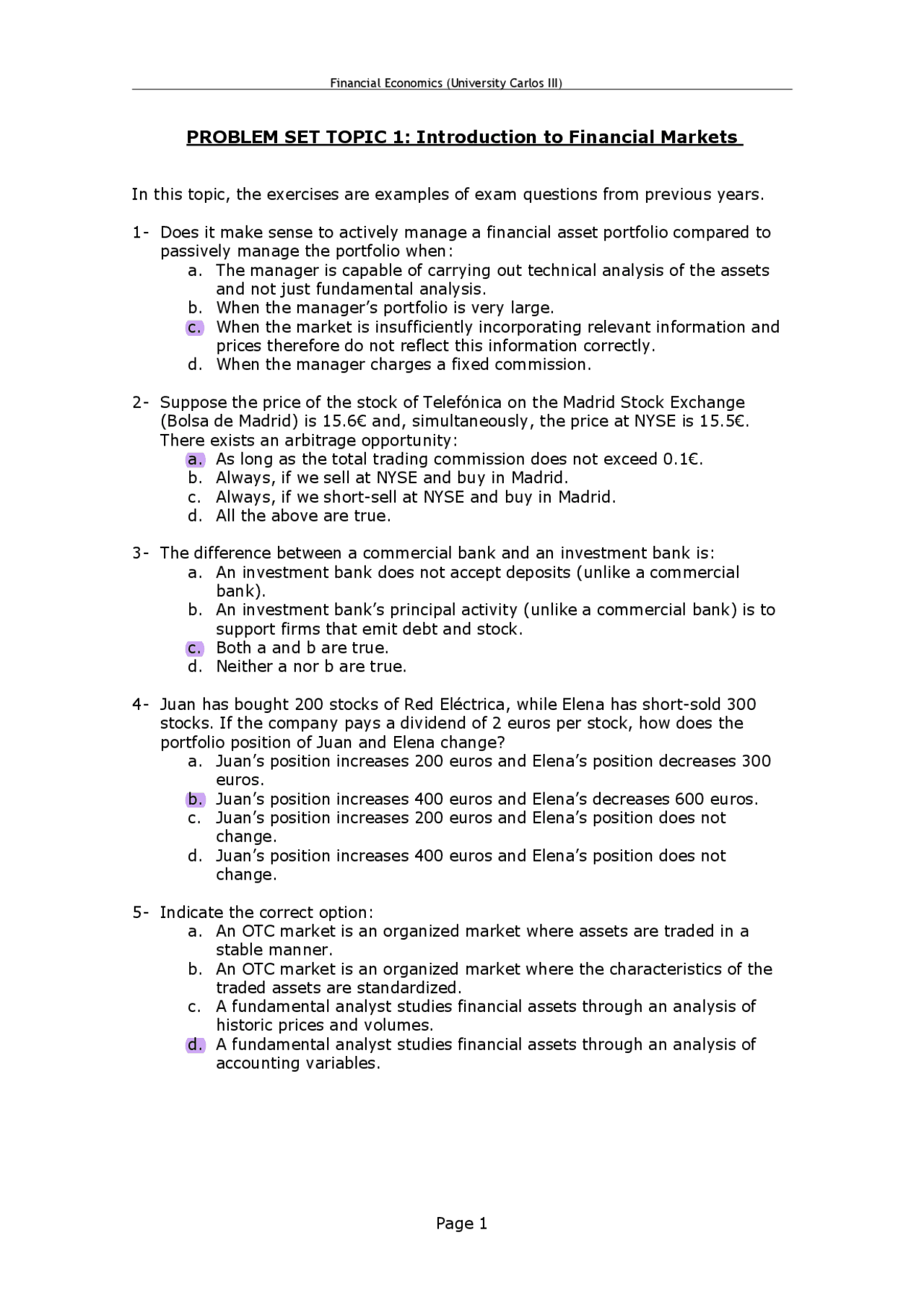 Finance Class Problem Financial Economics Problem Set 1 - Docsity