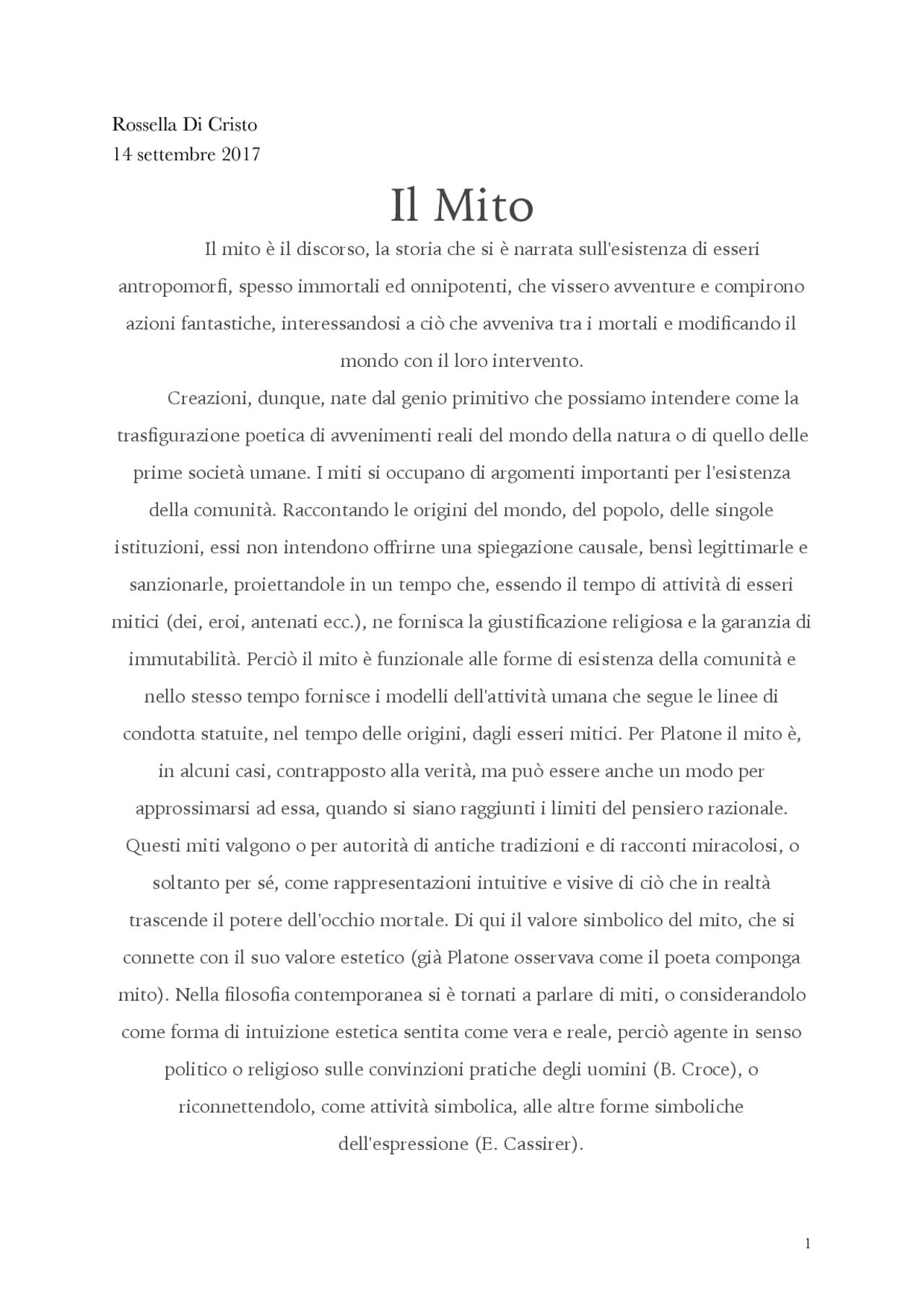 Il mito, analisi del mito nel corso della storia. Dispense di