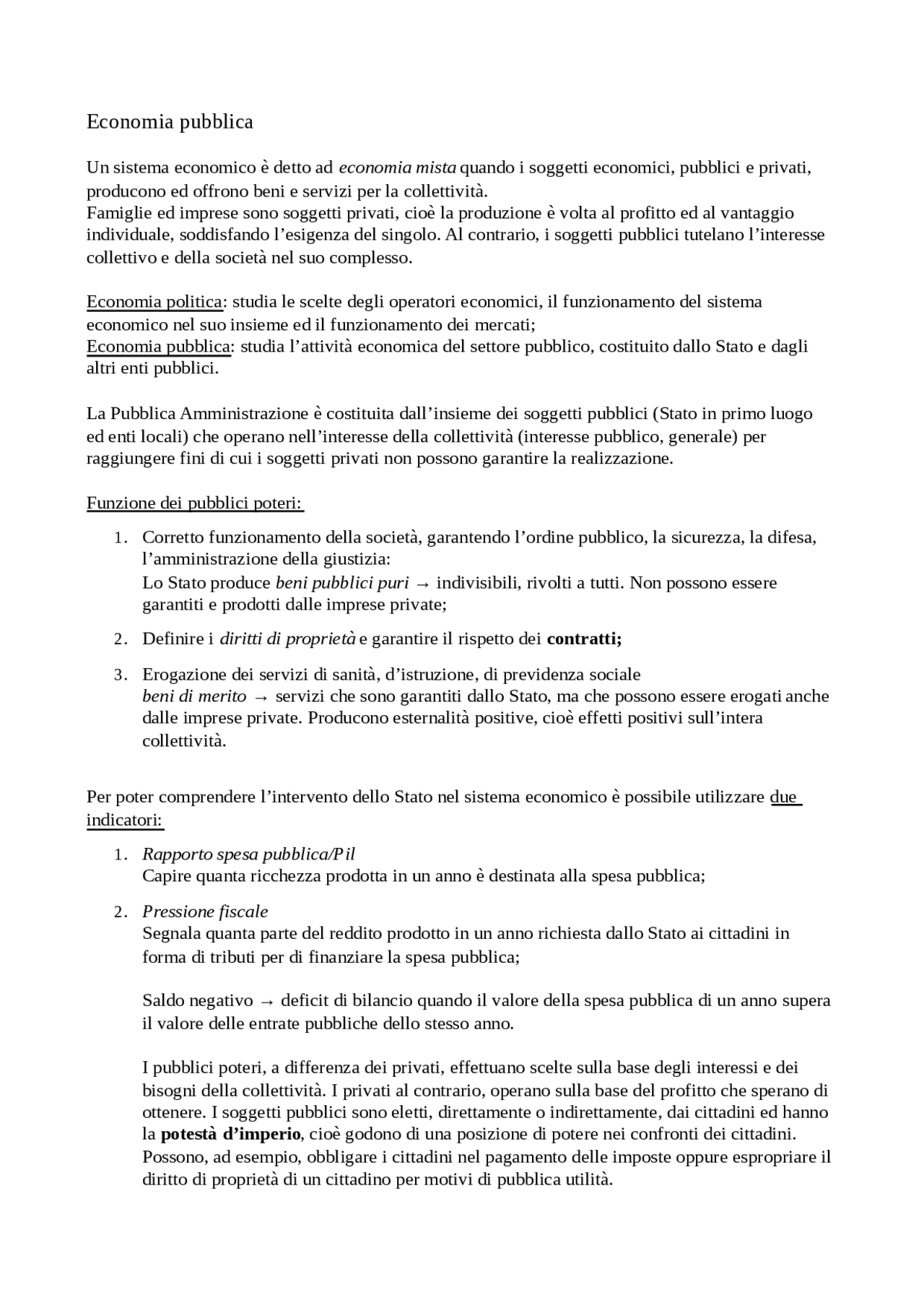Economia pubblica e funzionamento del mercato Appunti di Economia