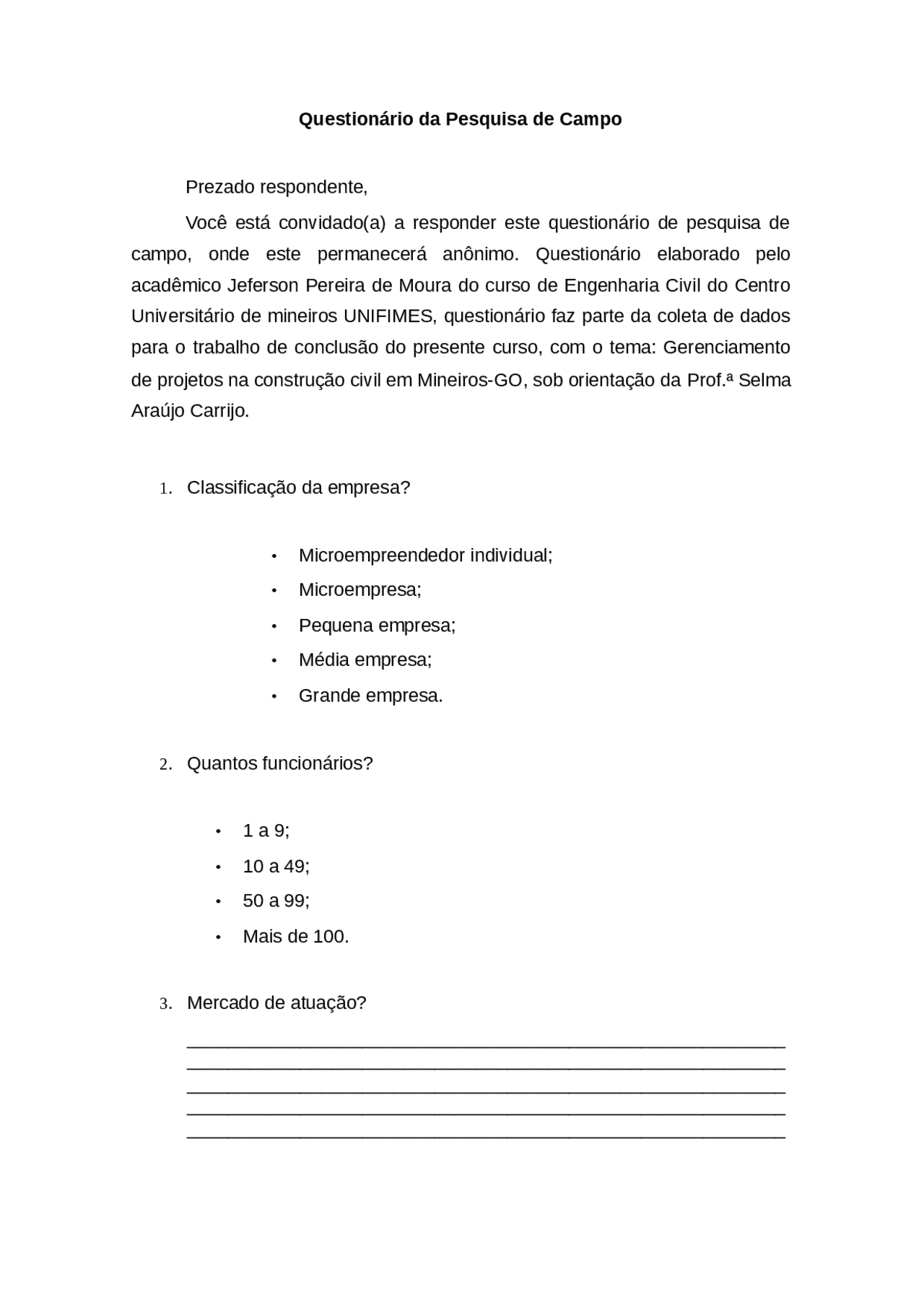 Exemplo De Questionário Para Coleta De Dados - NAZAEDU