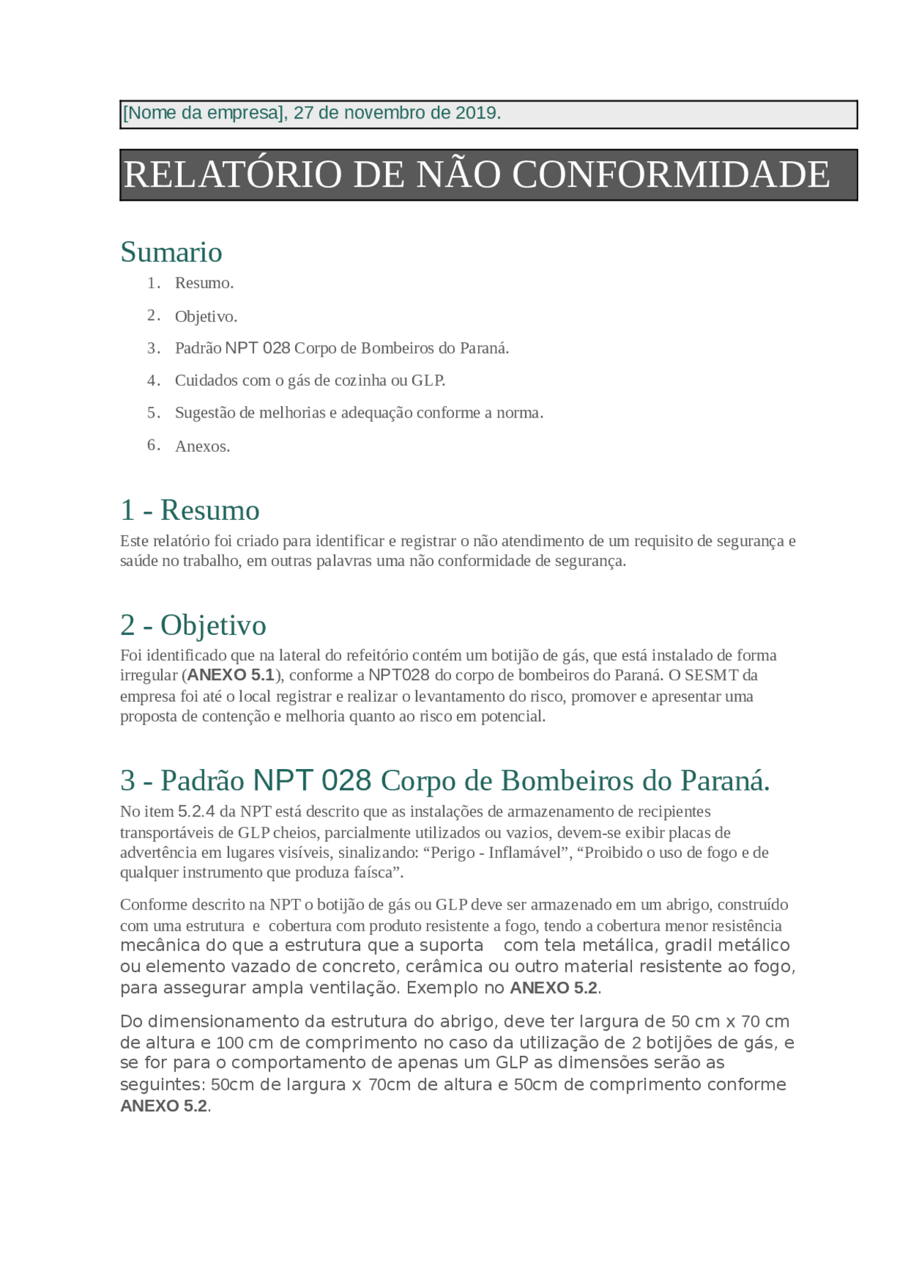 Exemplo de relatório de não conformidade - Docsity