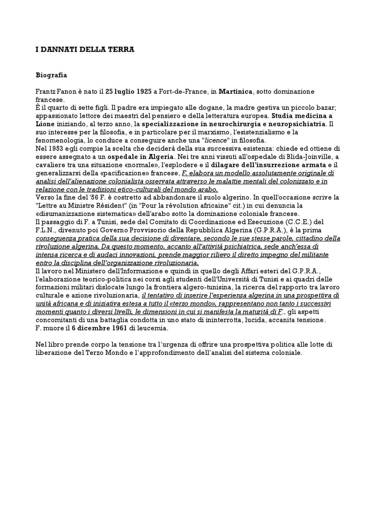 I dannati della terra Fanon Docsity